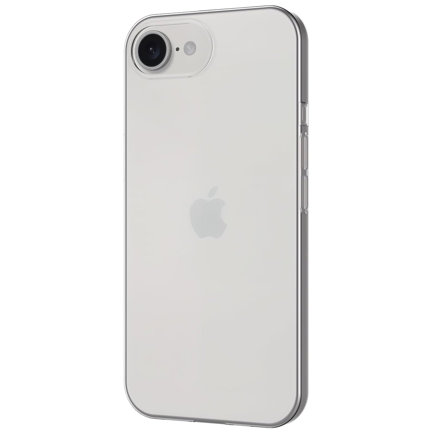 Das arktis iPhone 16e Zero Case, eine ultradünne, durchsichtige TPU-Silikonhülle von arktis, passt auf ein weißes iPhone mit Apple-Logo und zeigt die Kamera und den Blitz oben links und die Seitentasten rechts vor einem schlichten weißen Hintergrund.