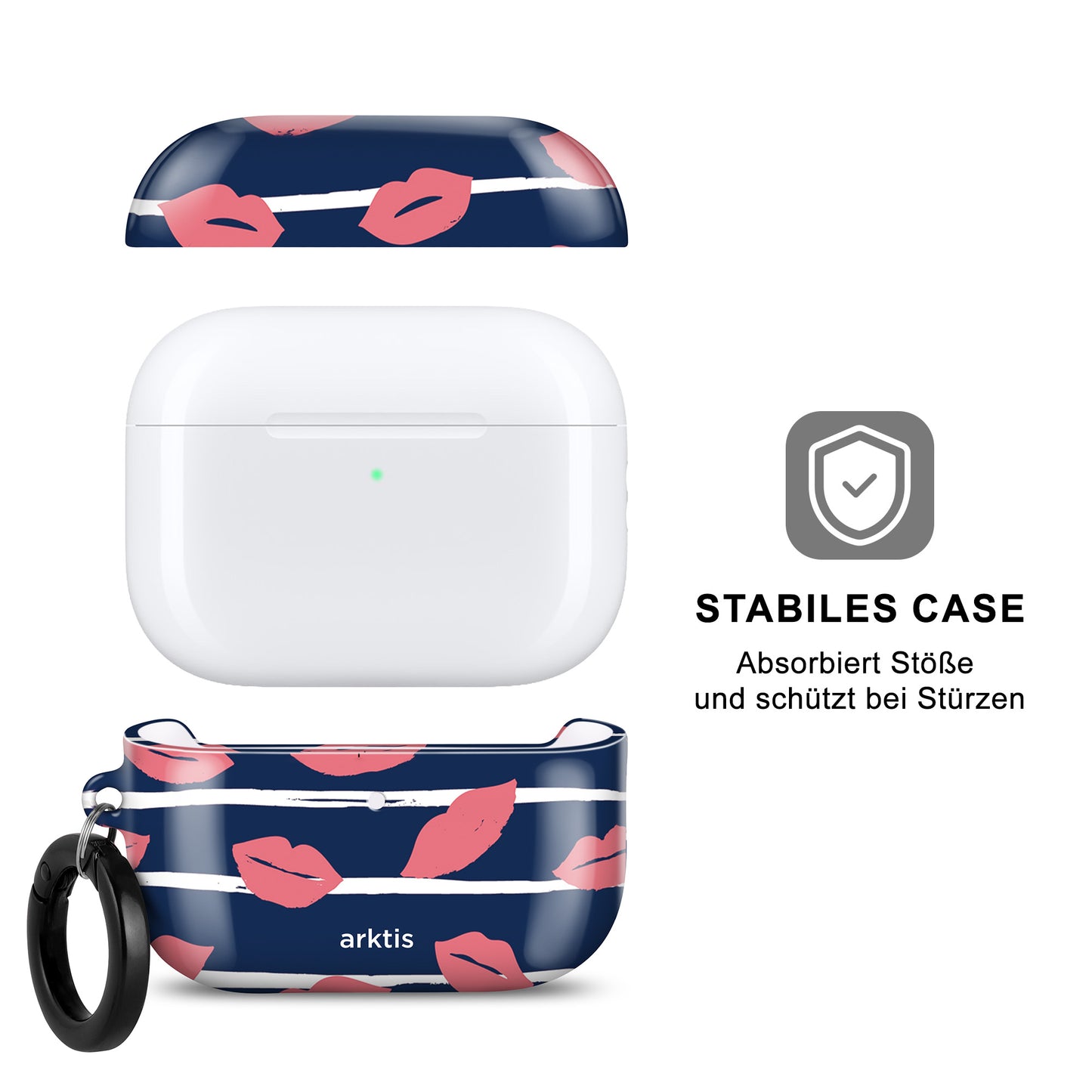 Die arktis AirPods Pro 3 Hülle – Kisses ist eine marineblaue Hülle mit einem verspielten rosa Lippenmuster, einem Schlüsselring und einem deutschen Text über Schutz und Stabilität. Diese stilvolle Hülle von arktis unterstützt das kabellose Laden und sorgt dafür, dass deine AirPods Pro 3 jederzeit sicher und bequem aufgeladen werden können.