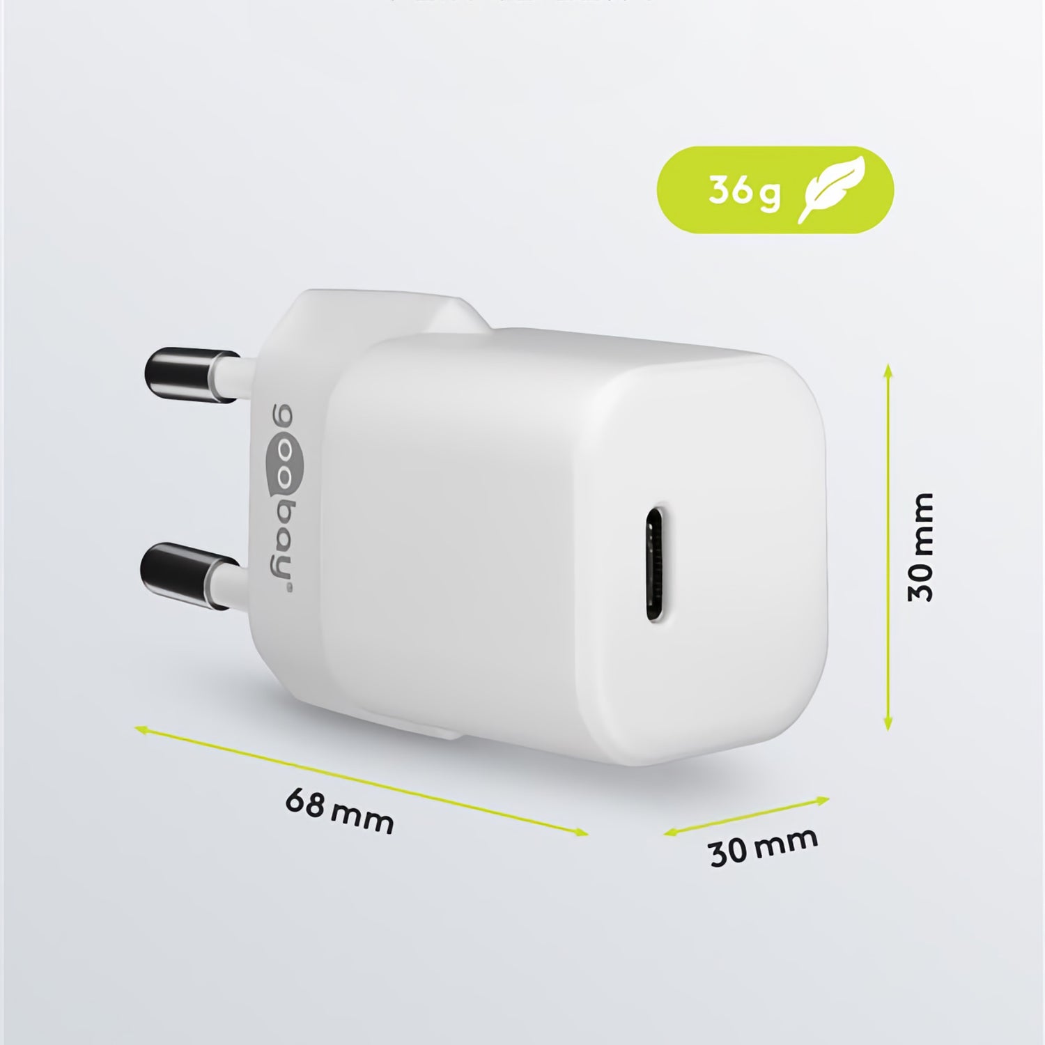 Das Goobay USB-C PD GaN Schnellladegerät Nano 20 W ist ein weißes Wandladegerät mit GaN-Technologie mit den Maßen 68 x 30 x 30 mm und einem Gewicht von 36 g.