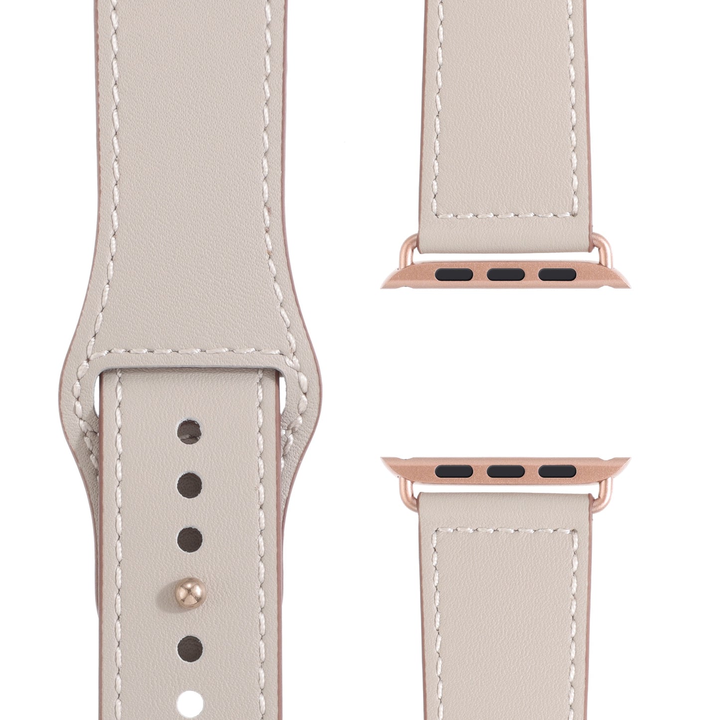 Nahaufnahme des Arktisband Apple Watch Lederarmbands "Novus" in Beige mit weißen Nähten, Roségold-Hardware und mehreren Einstelllöchern. Zwei separate Bandabschnitte auf weißem Hintergrund sorgen für einen minimalistischen Look.