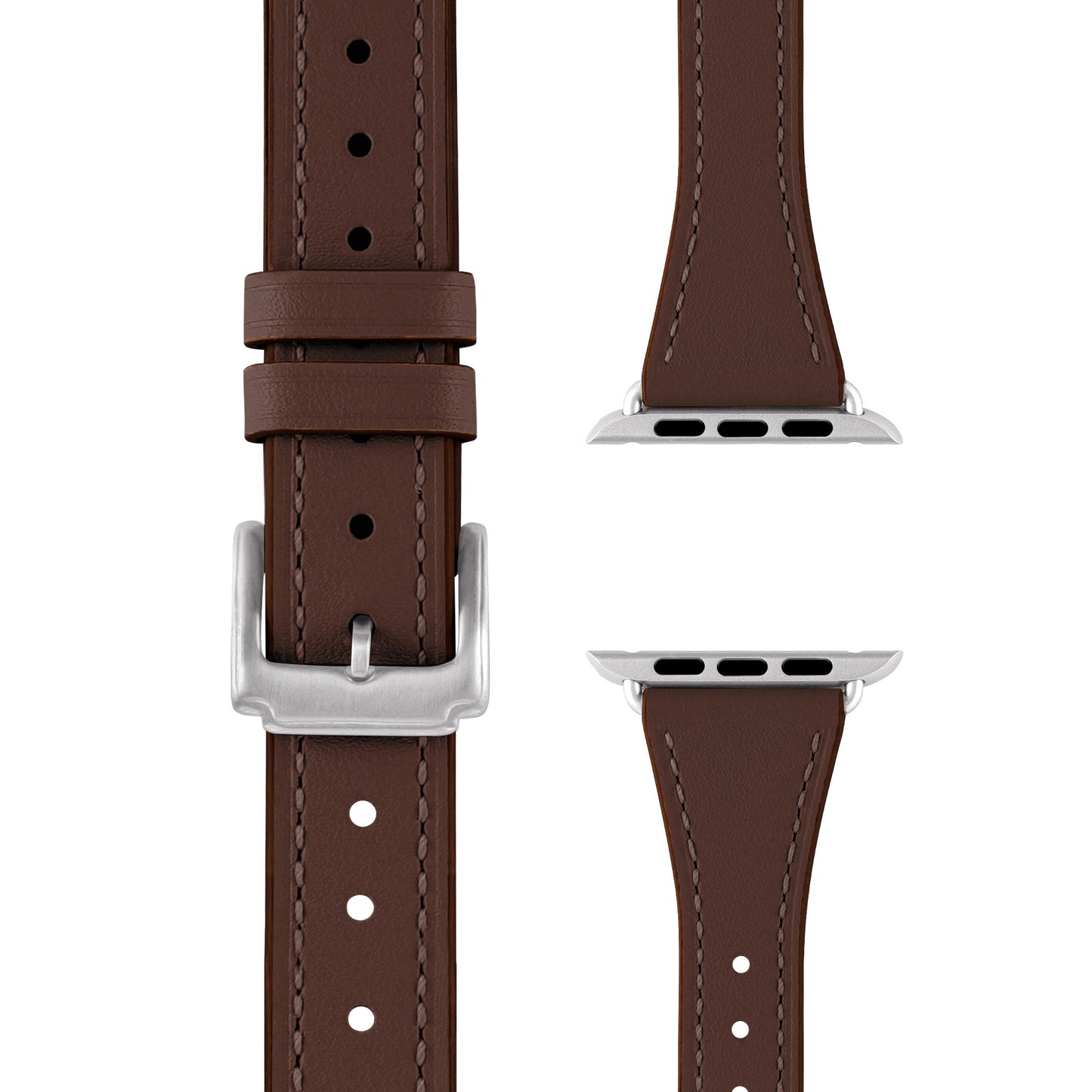 Das arktisband Apple Watch Lederarmband „Napoli“ aus braunem Echtleder mit weißer Naht, Dornschließe aus Edelstahl und Metall-Anschlüssen wird von vorne und hinten gezeigt und lässt sich einfach an Ihrer Smartwatch befestigen.