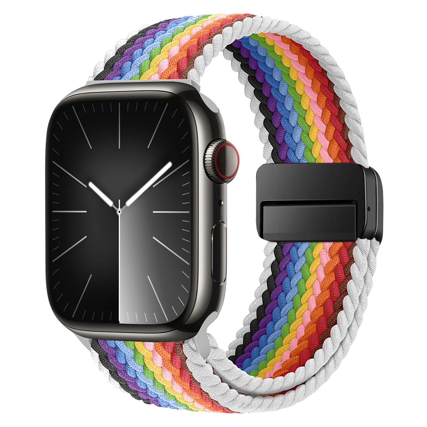 Das arktisband Geflochtene Apple Watch Armband „Casual“ Rainbow Edition besteht aus einem geflochtenen Polyestergarnband in Regenbogenfarben und mit weißen Rändern, gepaart mit einer Smartwatch, die die Uhrzeit auf einem rechteckigen schwarzen Zifferblatt mit minimalistischen weißen Zeigern anzeigt.