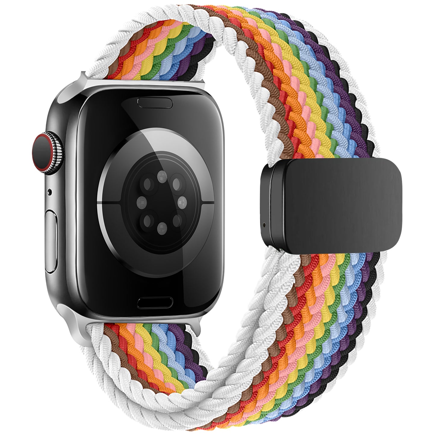 Das arktisband Geflochtene Apple Watch Armband „Casual“ Rainbow Edition von arktisband wird auf einer Smartwatch mit schwarzem Gehäuse gezeigt, die über ein regenbogenfarbenes geflochtenes Polyesterband mit weißen Rändern und einem rechteckigen schwarzen magnetischen Metallverschluss verfügt, der von der Rückseite sichtbar ist.