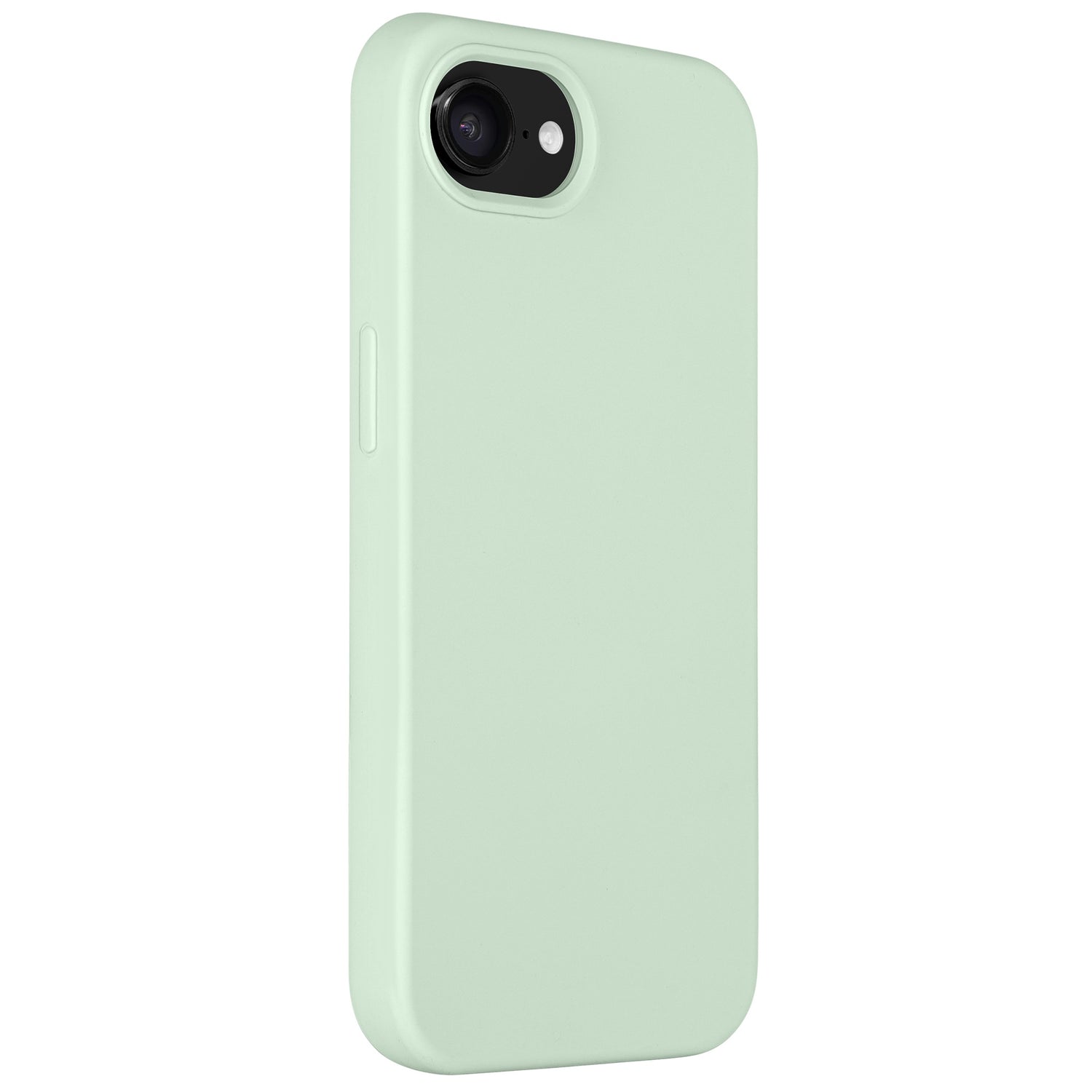 Das Arktis arktis iPhone 16e Silikon Case in Mintgrün, von hinten aus einem leichten Winkel nach links abgebildet, verfügt innen über ein weiches Mikrofaserfutter für zusätzlichen Schutz.
