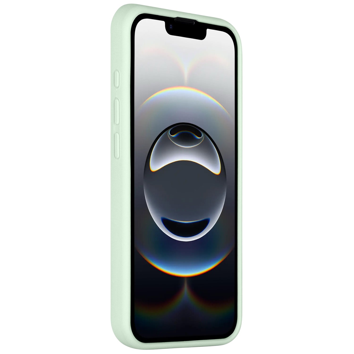 Eine hellgrüne Arktis iPhone 16e Silikonhülle von Arktis umhüllt das Smartphone, auf dem ein dunkles abstraktes Kugel-Hintergrundbild angezeigt wird.