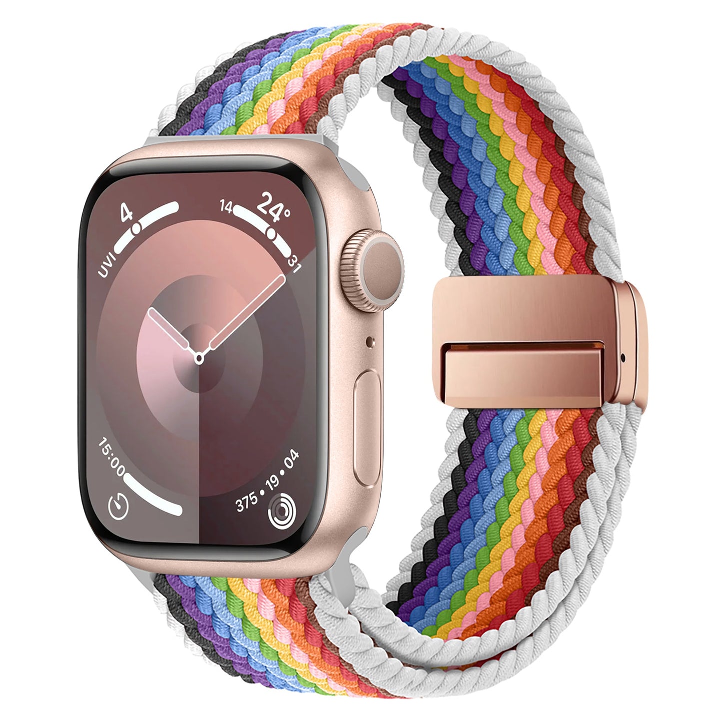 Eine goldene Smartwatch mit runder Digitalanzeige zeigt Uhrzeit und Wetter an. Sie verfügt über das arktisband Geflochtene Apple Watch Armband "Casual" Rainbow Edition mit magnetischem Metallverschluss für sicheren Halt.