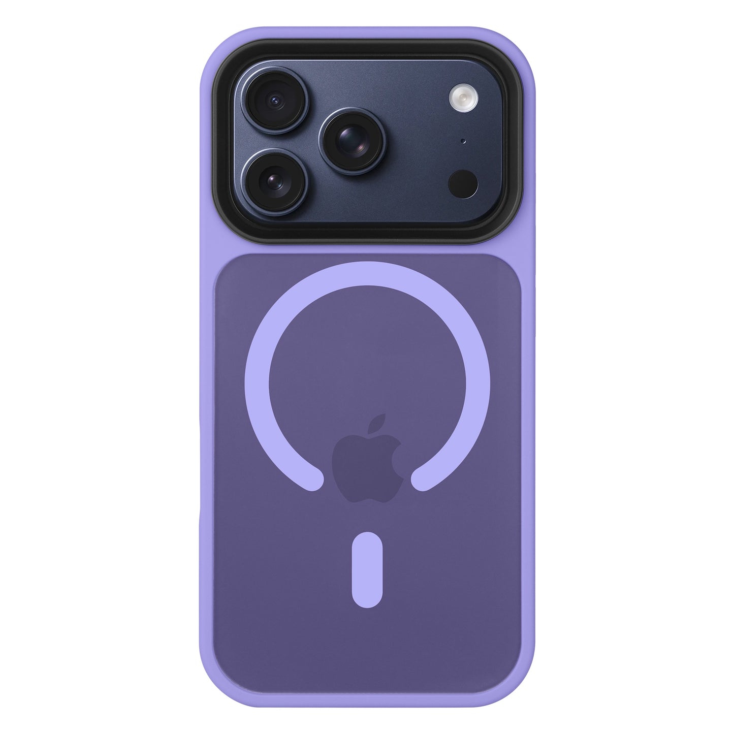 Ein lila Arktis iPhone 17 Pro Solid Case mit MagSafe von Arktis, matte Oberfläche, von der Rückseite mit Kamera und Apple-Logo zu sehen.