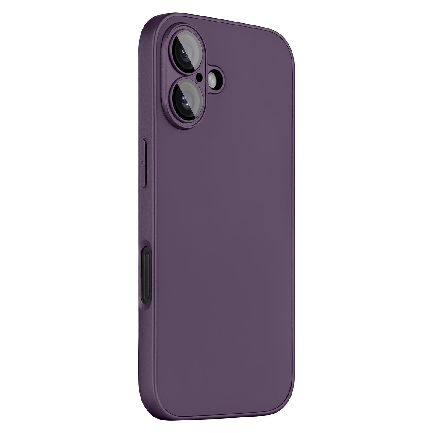 Das arktis iPhone 16 Tech Case wird aufrecht und schräg präsentiert und gibt den Blick auf seine glatte, mattviolette Rückseite mit Aussparungen zum Kameraschutz und sichtbaren seitlichen Tastendetails frei.