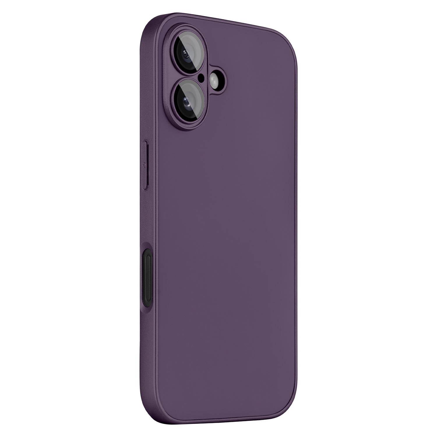 Das arktis iPhone 16 Tech Case wird aufrecht und schräg präsentiert und gibt den Blick auf seine glatte, mattviolette Rückseite mit Aussparungen zum Kameraschutz und sichtbaren seitlichen Tastendetails frei.