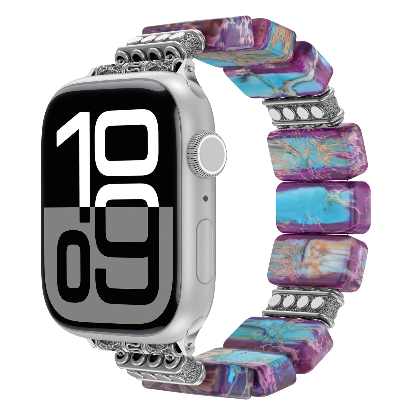 Das arktisband Apple Watch "Stone Loop" ist ein farbenfrohes, klobiges Naturstein-Armband in Lila-, Blau- und Rosatönen, Apple Watch-kompatibel und mit der Anzeige 10:09 versehen.
