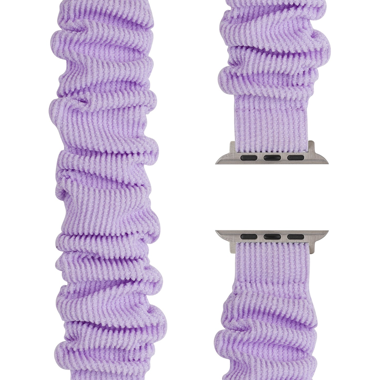 Nahaufnahme des arktisband Apple Watch Cord Scrunchie Armbands "Elanora" in lavendel mit silbernen Anschlüssen, die einen stilvollen und modernen Touch zu Ihrem Apple Watch Look bringen.