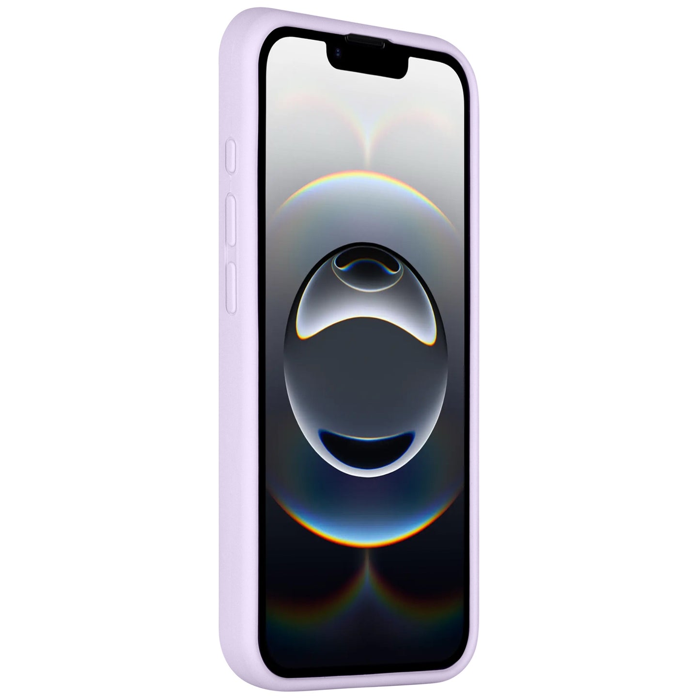 Die Arktis iPhone 16e Silikonhülle in Hellviolett betont das schlanke Profil und die seitlichen Tasten des iPhone 16e. Der schwarze Bildschirm präsentiert sich mit einem sphärischen, abstrakten Design. Ideal für kabelloses Laden.