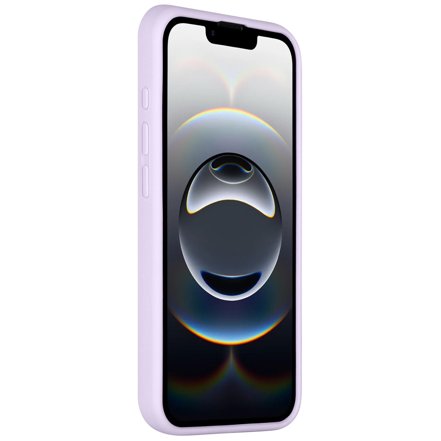 Die Arktis iPhone 16e Silikonhülle in Hellviolett betont das schlanke Profil und die seitlichen Tasten des iPhone 16e. Der schwarze Bildschirm präsentiert sich mit einem sphärischen, abstrakten Design. Ideal für kabelloses Laden.