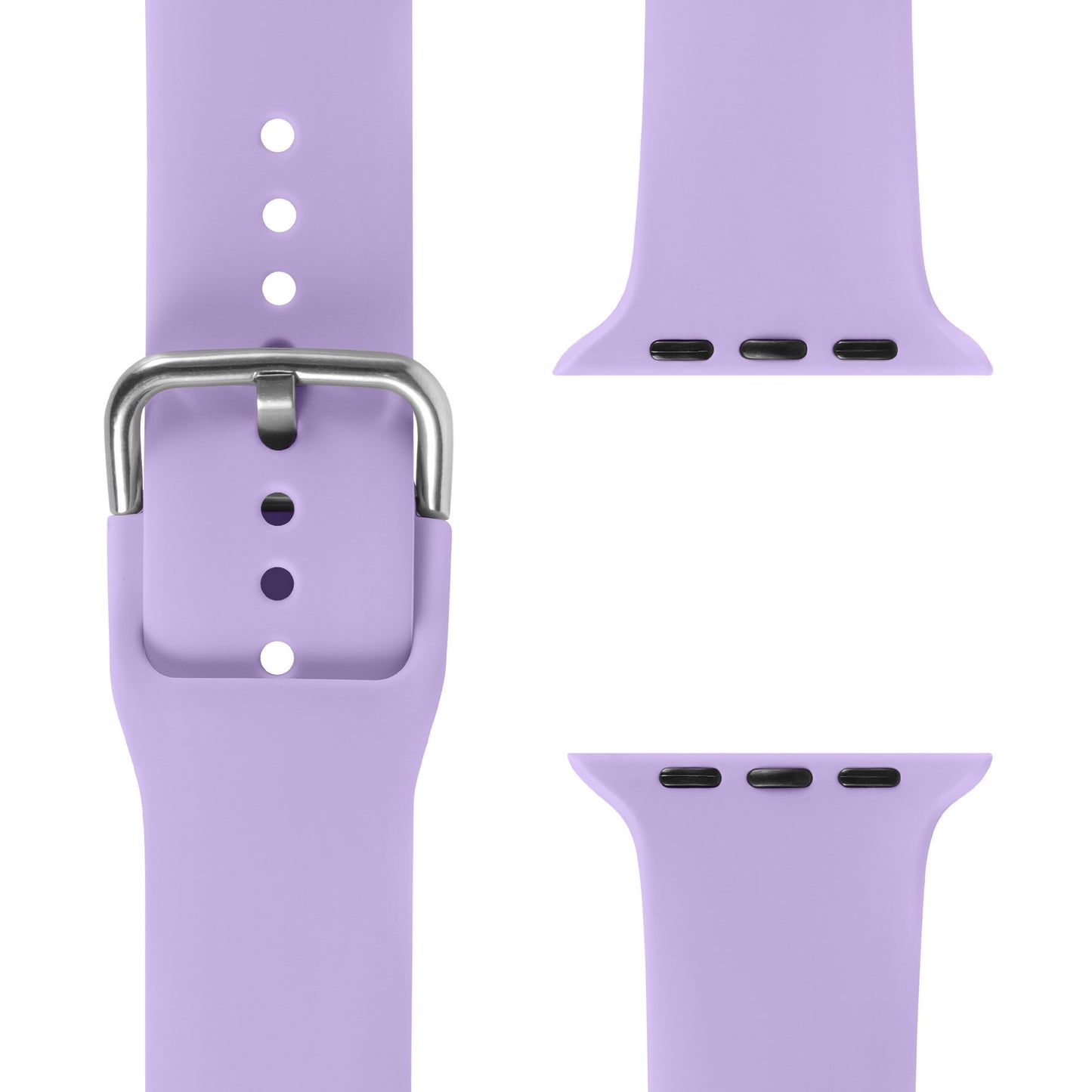 Das arktisband Apple Watch Silikonarmband „Aqua“ von arktisband wird in drei Teilen gezeigt: mit silberner Schnalle, Verstelllöchern und zwei separaten Steckverbindern zur einfachen Befestigung am sportlichen Smartwatch-Armband.