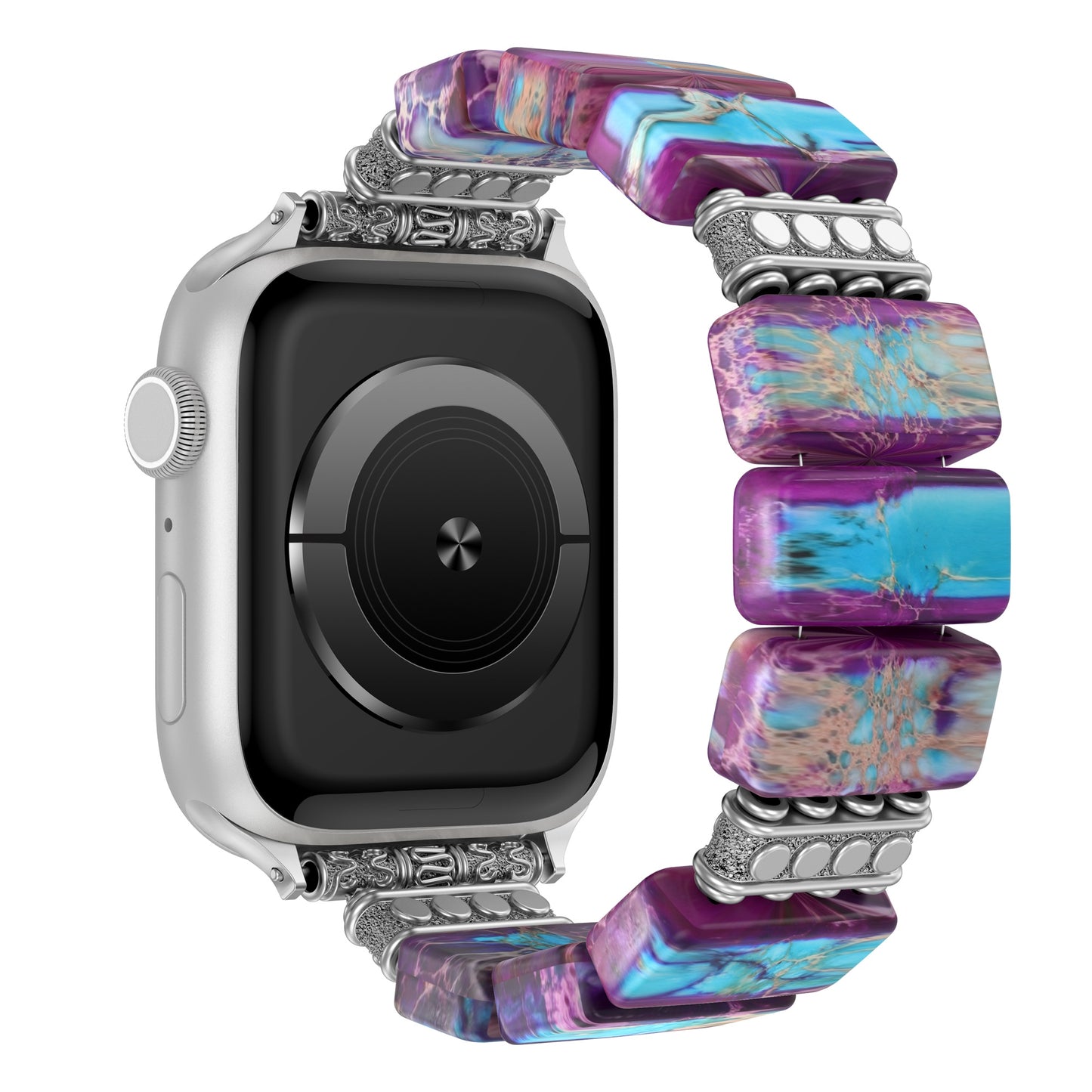 Das arktisband "Stone Loop" ist ein Apple Watch-kompatibles Smartwatch-Armband mit einem silbernen Gehäuse und einem Band aus lila und blau marmorierten Natursteinperlen.