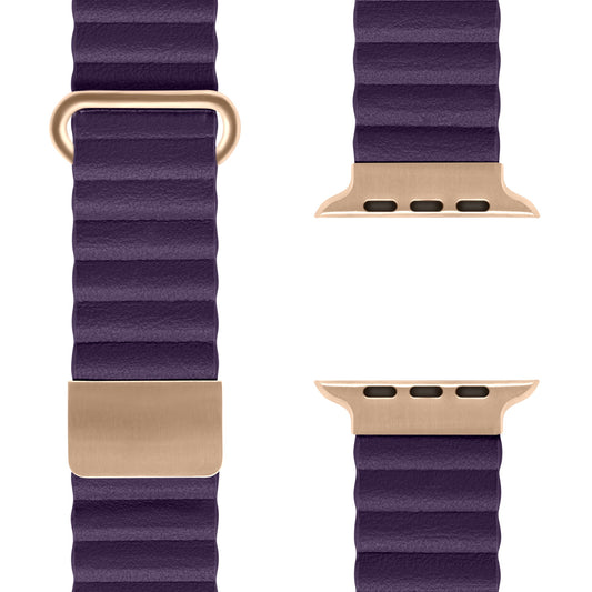 Eine Nahaufnahme des violetten Arktisband-Kunstlederarmbands „Gustino“ für die Apple Watch mit goldenen Beschlägen, gezeigt aus drei Blickwinkeln: Schnalle, Apple Watch-Anschlussbefestigungen und Magnetverschluss.