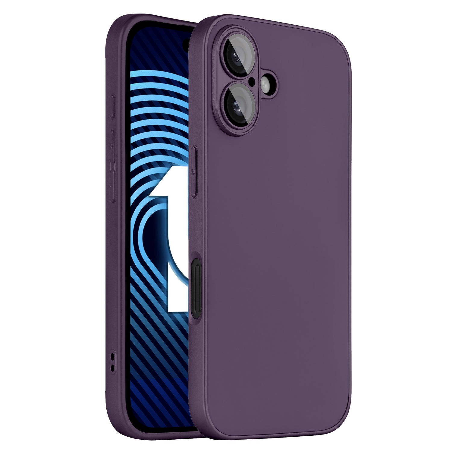 Ein aufrecht stehendes iPhone im arktis iPhone 16 Tech Case (violettes, stoßdämpfendes TPU-Silikon) steht neben einem anderen Telefon mit dem Display nach oben und einem geometrischen blau-schwarzen Bildschirm. Zwei Kameras auf der Rückseite sind durch das Gehäuse sichtbar, das die Seiten und die Rückseite bedeckt.
