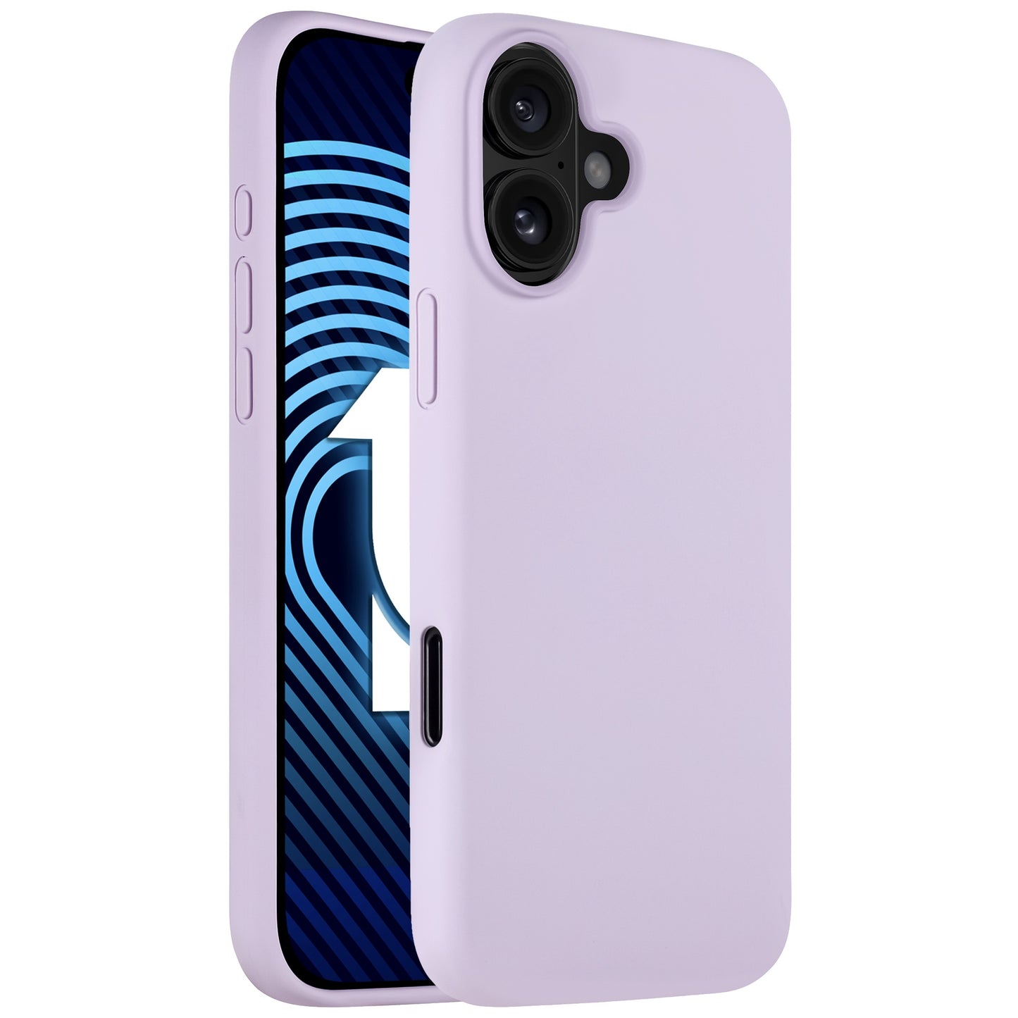 Das arktis iPhone Air Silikon Case in Lavendel, abgebildet auf einem iPhone 17 mit einem blauen geometrischen Hintergrundbild, unterstützt kabelloses Laden.