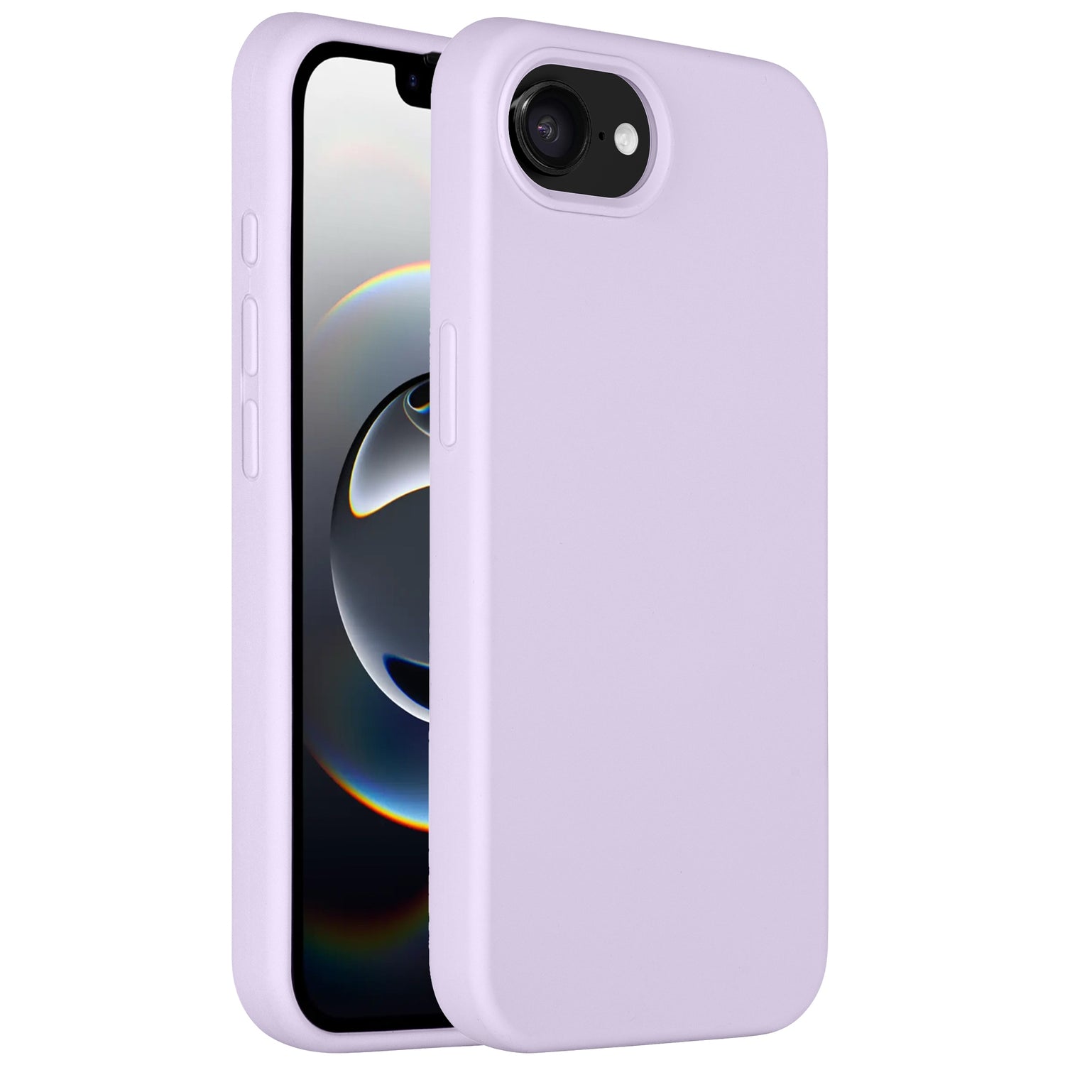 Das Arktis iPhone 16e Silikon Case in Lavendel von Arktis schützt Ihr Smartphone schlank und stilvoll. Es zeigt das iPhone 16e von vorne mit Display und von hinten mit Kameraausschnitt – kabelloses Laden ist problemlos möglich.