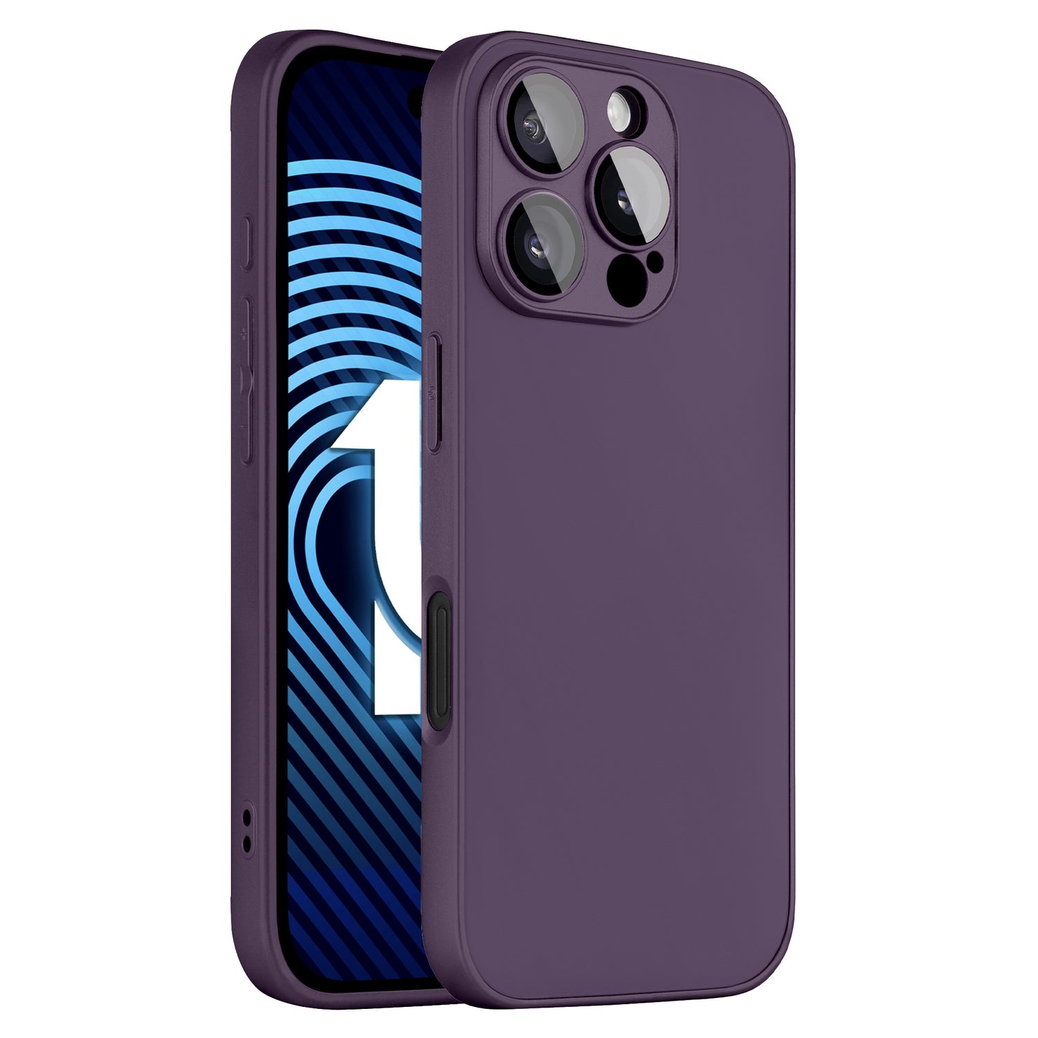 Das Bild zeigt ein arktis iPhone 16 Pro Tech Case in Lila von arktis, hergestellt aus stoßdämpfendem TPU-Silikon, auf einem Smartphone mit Dreifachkamera und Blitz. Der Bildschirm zeigt ein blau-schwarzes geometrisches Muster mit einer großen Zahl 1 in der Mitte.