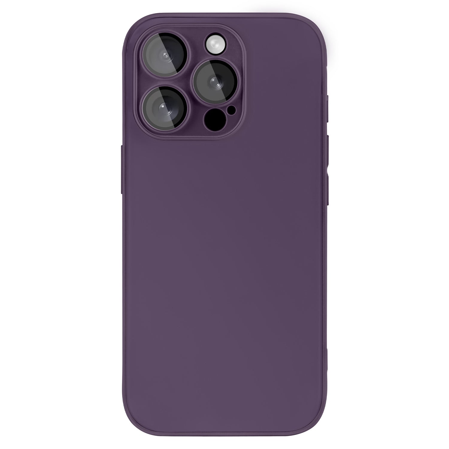 Abgebildet ist ein dunkelviolettes iPhone 16 Pro von hinten in einem arktis iPhone 16 Pro Tech Case – einer Hülle aus mattiertem AG-Glas und TPU-Silikon – mit drei Kameralinsen und einem Blitz in der oberen linken Ecke.