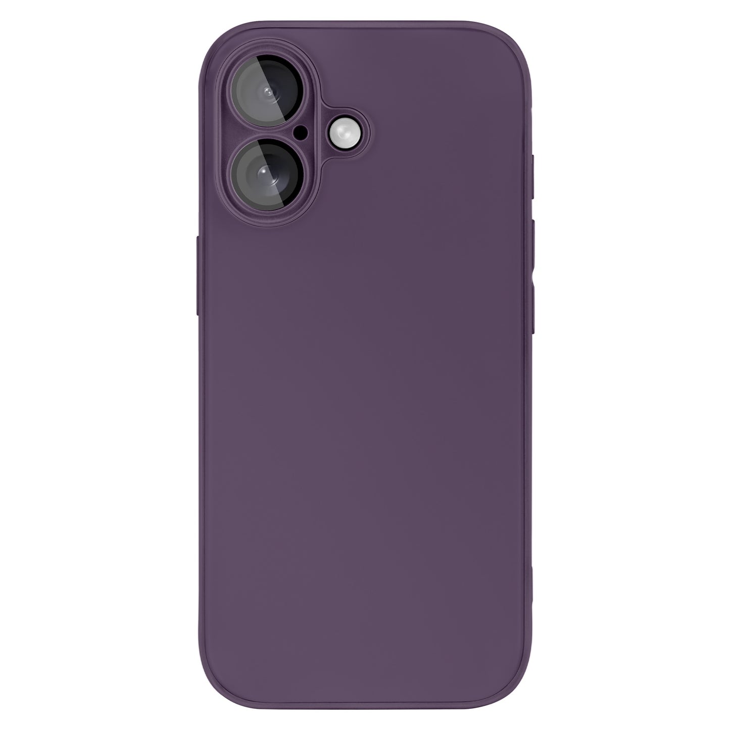 Ein lila Smartphone mit zwei Rückkameras und einem Blitz, von hinten gezeigt, wird durch das arktis iPhone 16 Plus Tech Case von arktis geschützt.