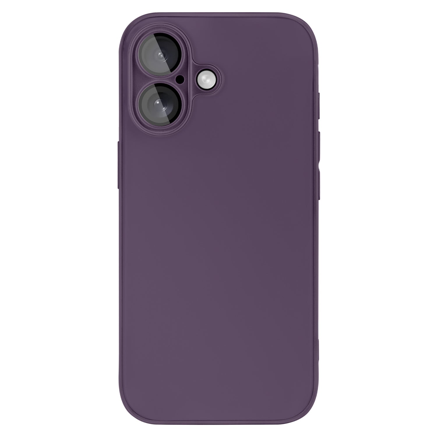Ein lila Smartphone mit zwei Rückkameras und einem Blitz, von hinten gezeigt, wird durch das arktis iPhone 16 Plus Tech Case von arktis geschützt.