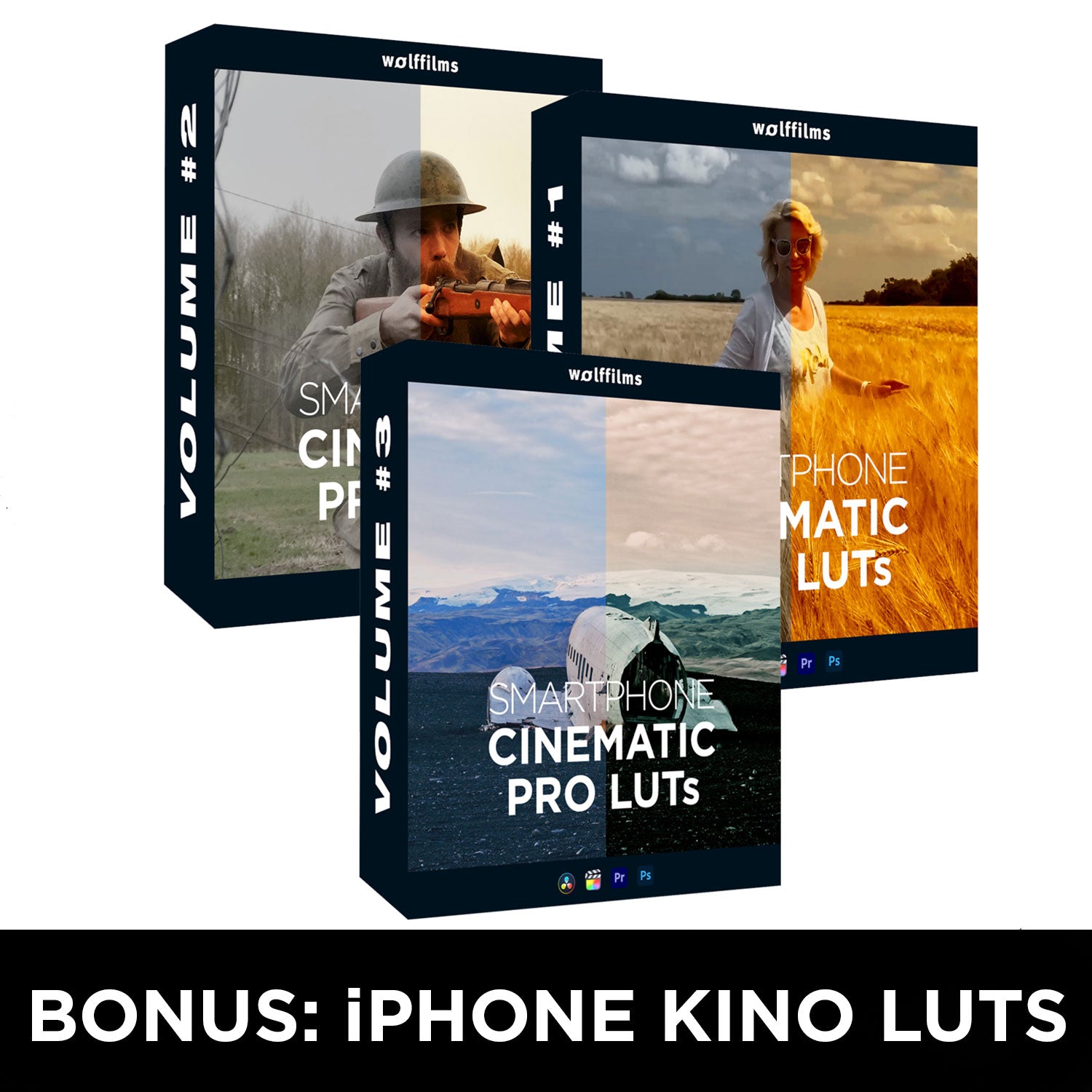 Zu „Filmen mit dem iPhone“ von Rainer Wolf werden drei Software-Boxen mit jeweils geteiltem Bilddesign gezeigt. Der Text unten lautet: BONUS: iPHONE KINO LUTS – ideal für iPhone-Filme oder zur Optimierung Ihrer Videoschnitt-Projekte.