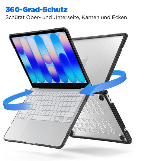 Arktis Armor Case für MacBook Neo in einer Schutzhülle mit einer sich drehenden Pfeilgrafik und dem Schriftzug 360-Grad-Schutz.