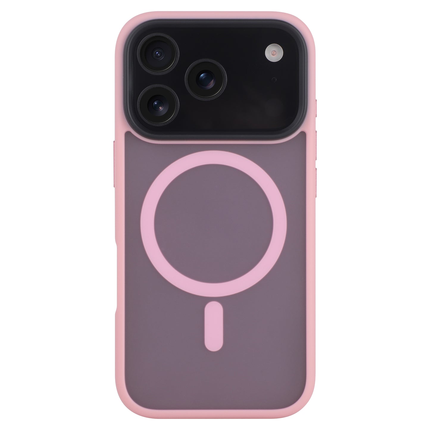 Ein rosa und graues, mattes Arktis iPhone 17 Pro Max Solid Case mit MagSafe-Ring wird auf einem Smartphone mit dreifacher Rückkamera gezeigt.