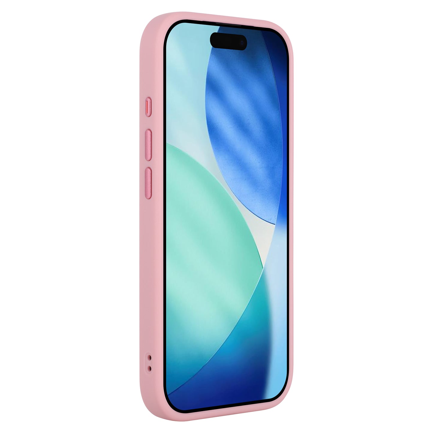Ein rosafarbenes, mattes Arktis iPhone 17 Pro Max Solid Case von Arktis, mit stoßabsorbierendem TPU-Silikon für zusätzlichen Schutz, erscheint auf einem Telefon mit farbenfrohem, abstraktem Hintergrundbild, von einer schrägen Seite aus betrachtet.