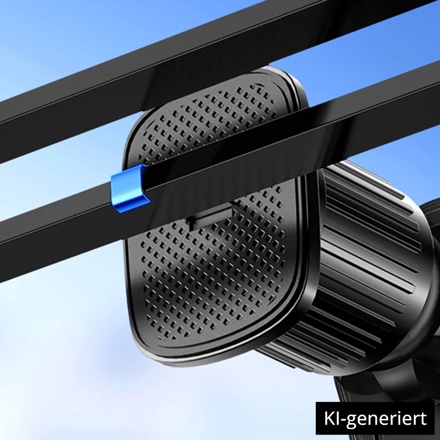 Eine Nahaufnahme der schwarzen, strukturierten ArktisPRO MagSafe Autohalterung mit blauem Clip an parallelen Stangen, die das 360 Grad Drehstangen-Design als ideale iPhone Halterung Auto für den vielseitigen Einsatz im Auto hervorhebt. KI-generiert.