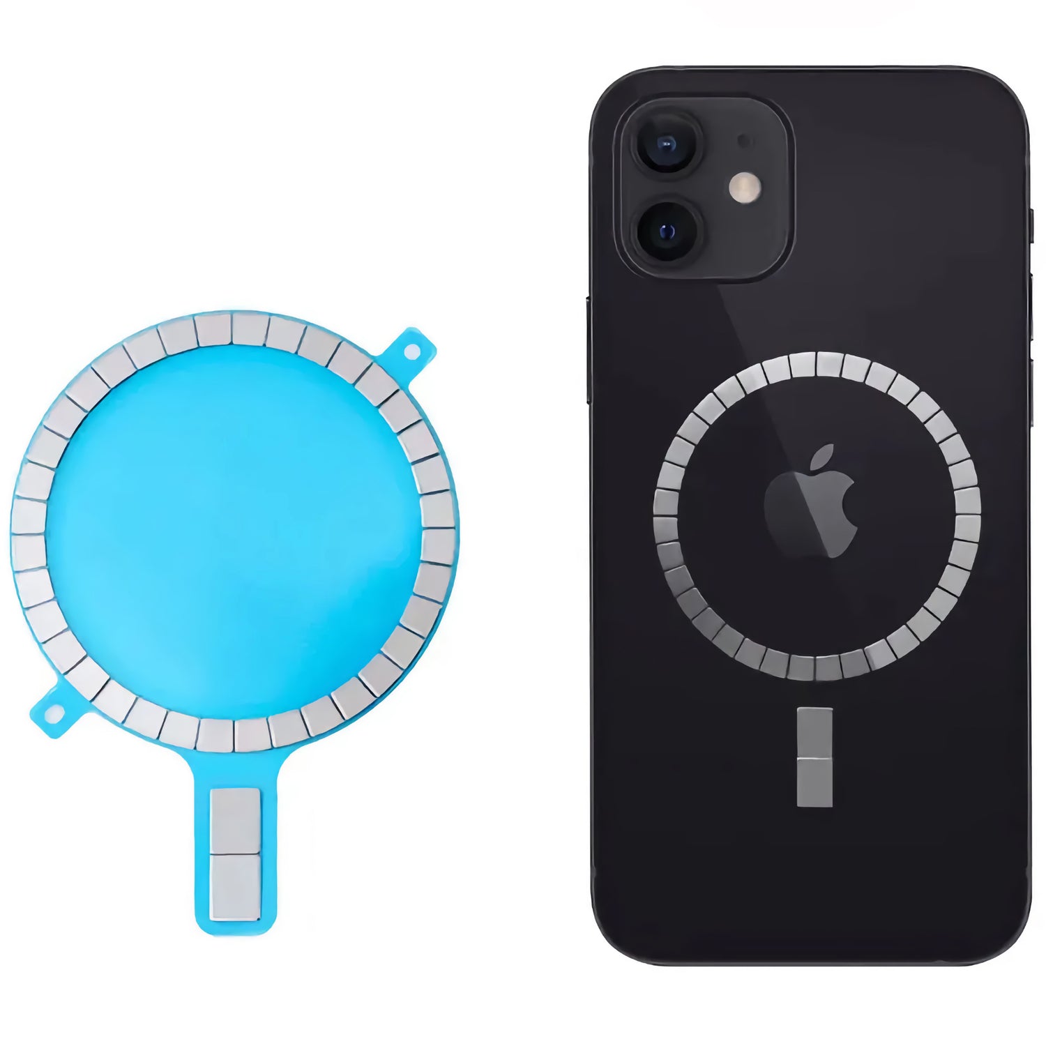 Ein blaues Ausrichtungswerkzeug für den ArktisPRO arktis iPhone MagSafe-Adapter liegt neben einem iPhone 16e und zeigt seine MagSafe-kompatiblen Magnete auf der Rückseite.