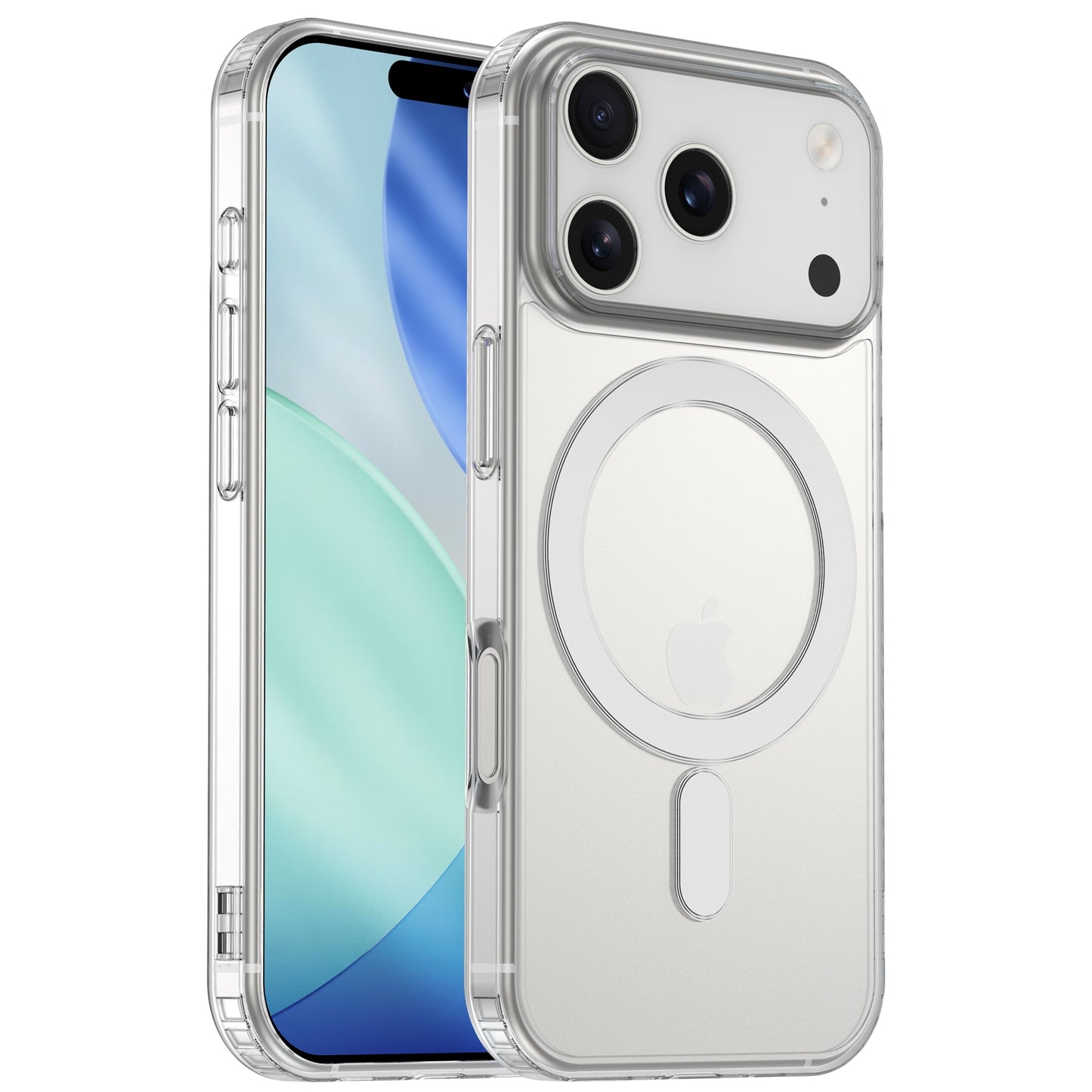 Die arktis iPhone 17 Pro Max PureCase mit MagSafe von arktis schützt das Gerät stilvoll, ist transparent, zeigt Front und Rückseite sowie den markanten MagSafe-Ring und die Triple-Kamera optimal.