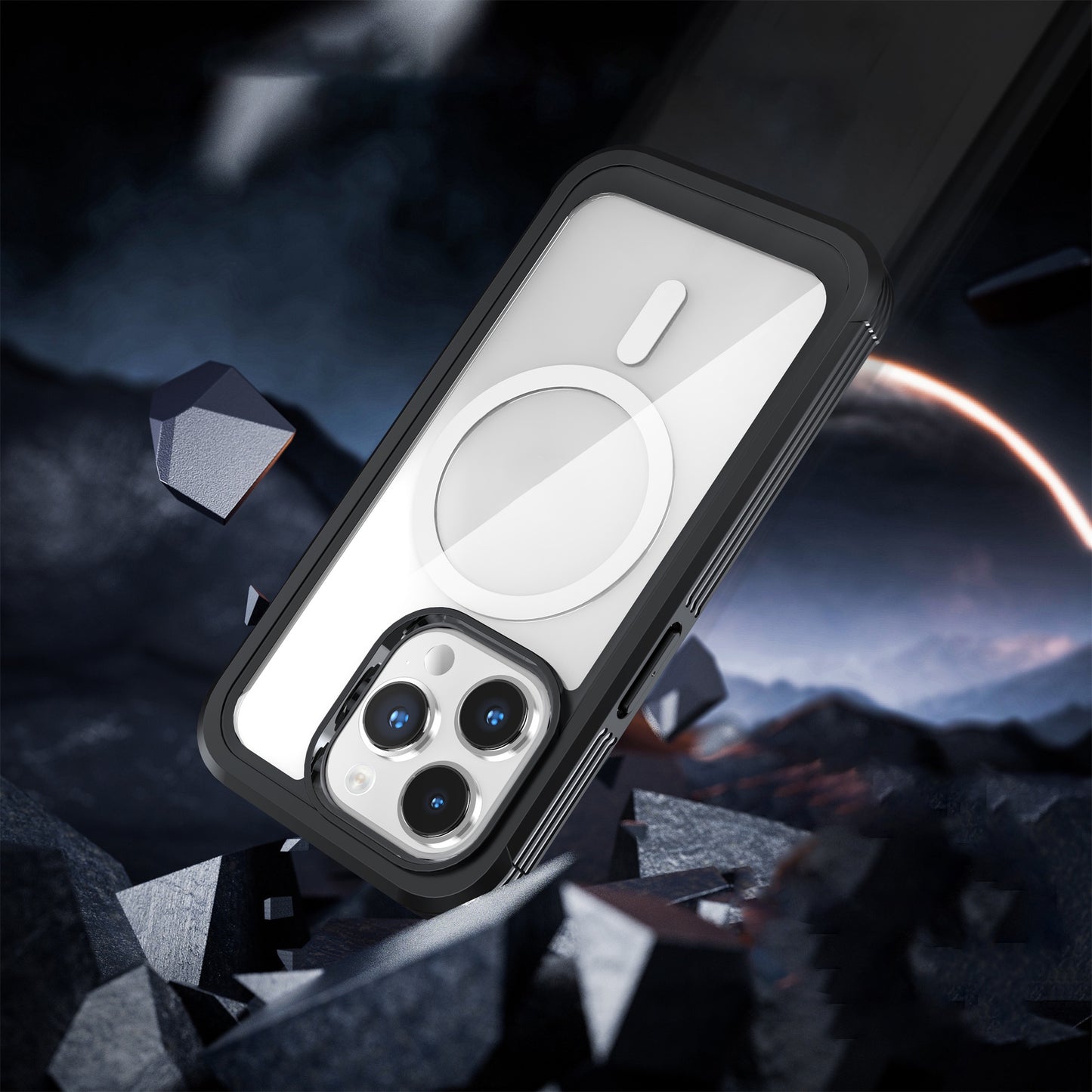 Das ArktisPRO iPhone 15 360ULTIMATE Case – Schwarz schützt ein iPhone 15 inmitten schwimmender Felsen in einer dunklen, dramatischen Szene und hebt seinen vollständigen 360-Grad-Schutz hervor.