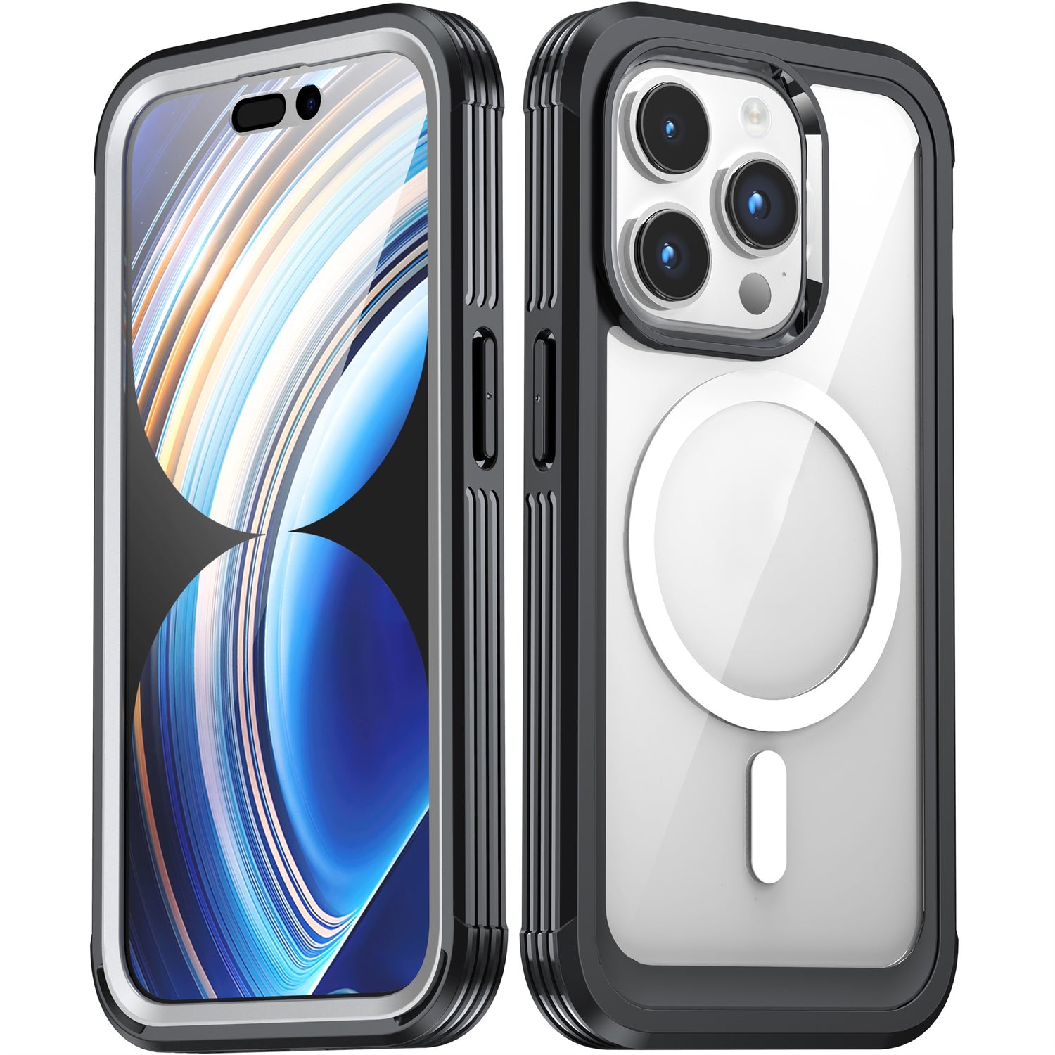 Zwei Ansichten des arktis iPhone 16 Pro Defender Case: ein robustes, klares Case mit schwarzen Kanten, MagSafe-Ring auf der Rückseite und 360-Grad-Schutz von arktis.