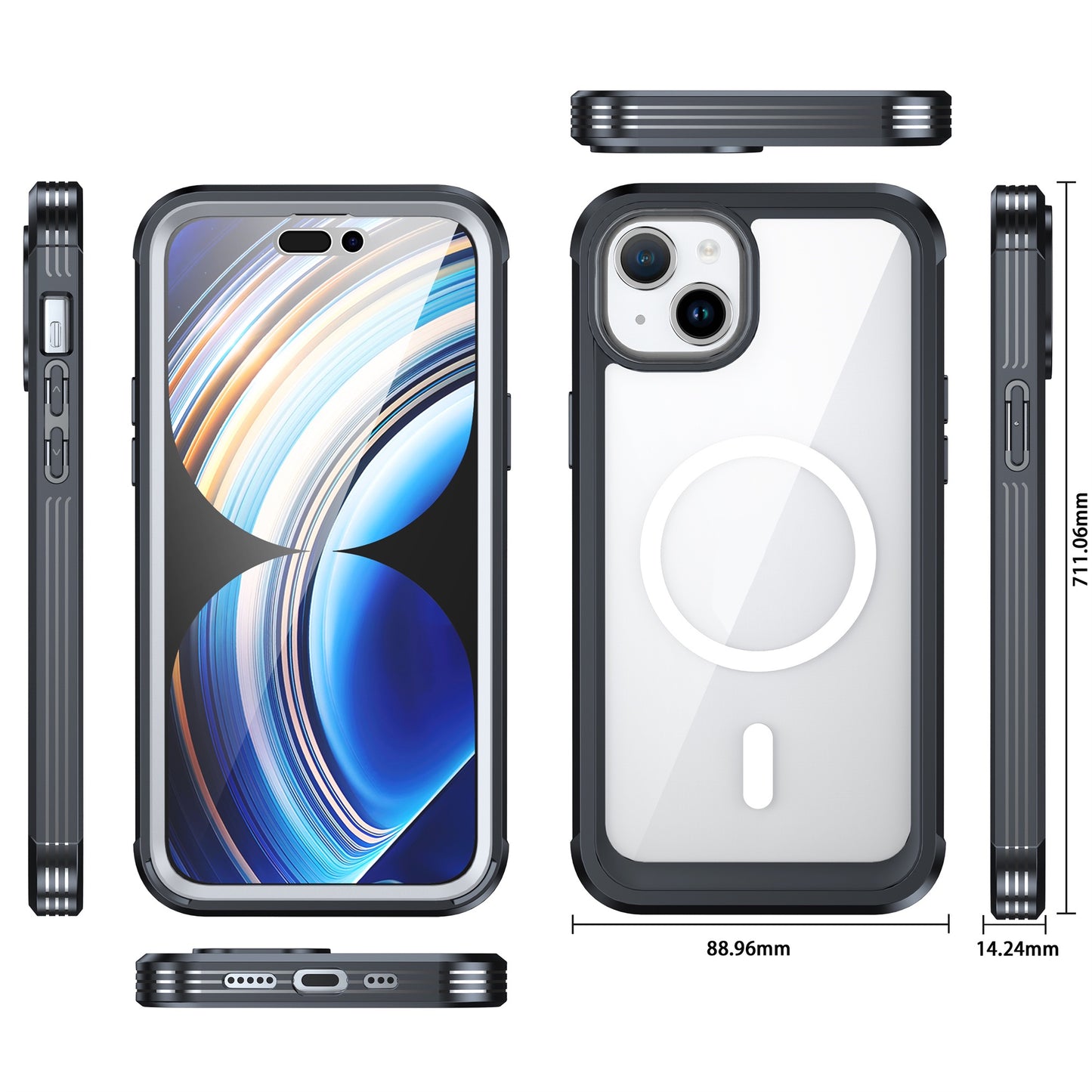 Das ArktisPRO iPhone 15 360ULTIMATE Case – Schwarz wird von allen Seiten mit Millimetermaßen dargestellt und bietet 360-Grad-Schutz und MagSafe-Magneten.