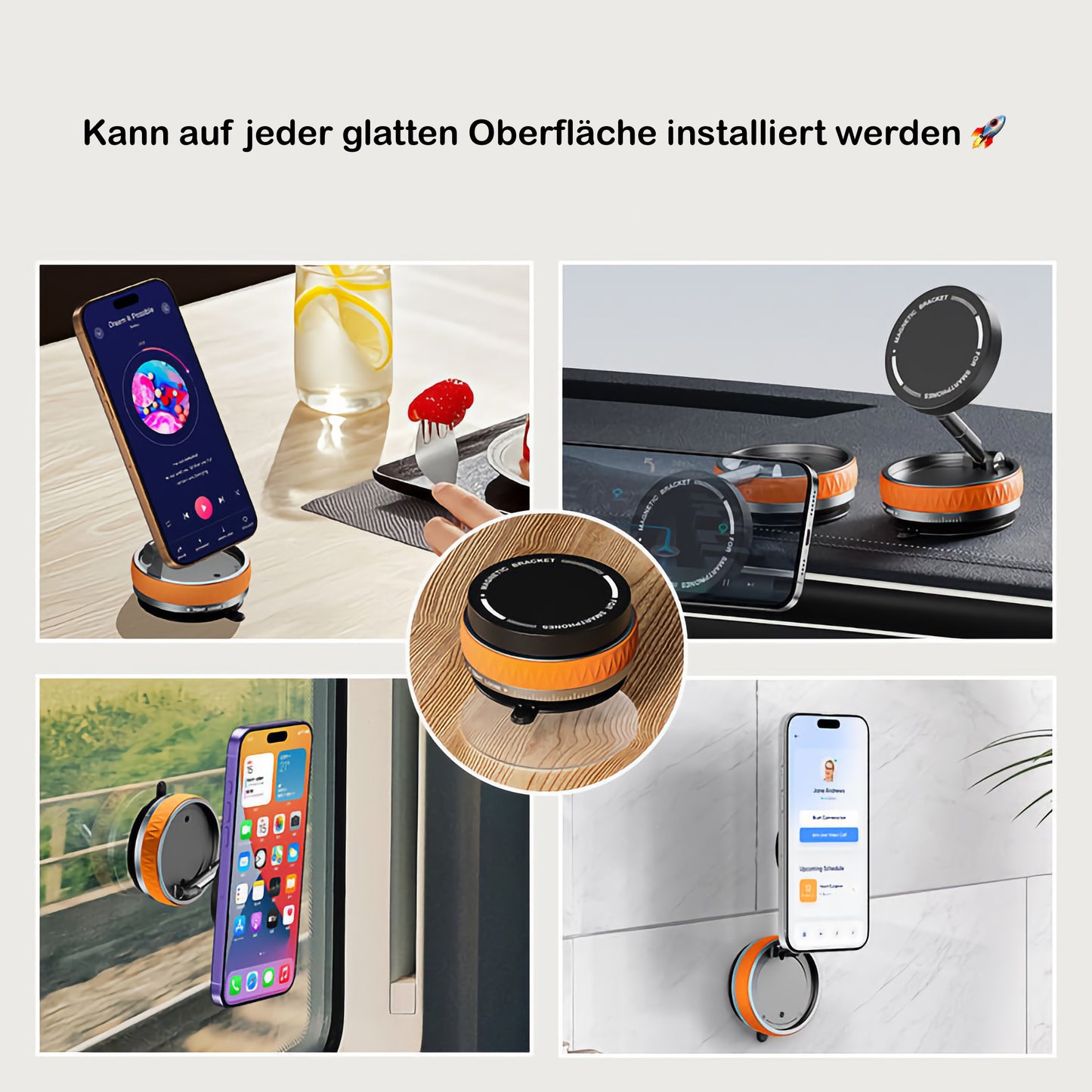 Vier Fotos zeigen die arktis MagicDock iPhone MagSafe Halterung von arktis mit flexiblem Gelenkarm, befestigt auf verschiedenen glatten Oberflächen.