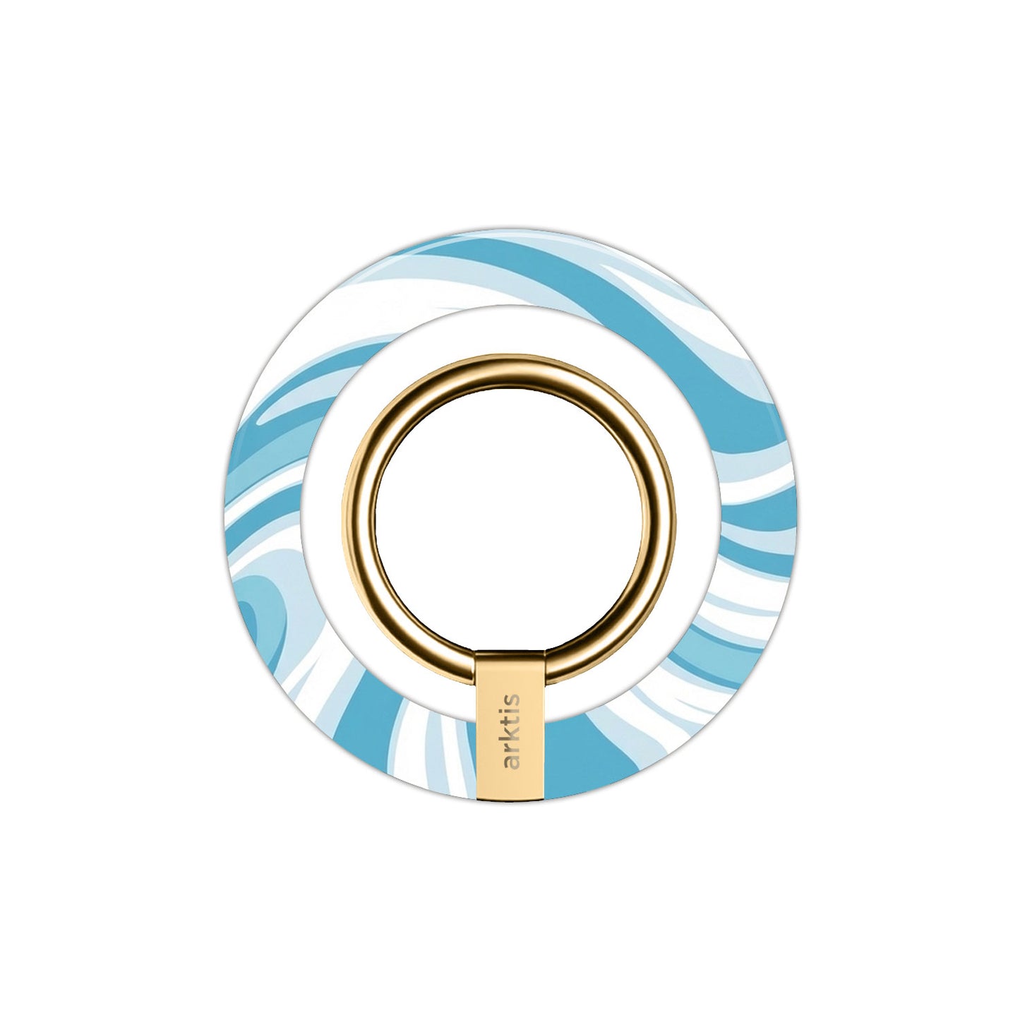 Der arktis Magnetischer Ringhalter für MagSafe - Blue Lagoon zeichnet sich durch einen goldenen Ring, blau-weiße Wellen und einen starken N52-Magneten aus und ist damit der ideale MagSafe-Handyhalter für Ihr iPhone Zubehör.