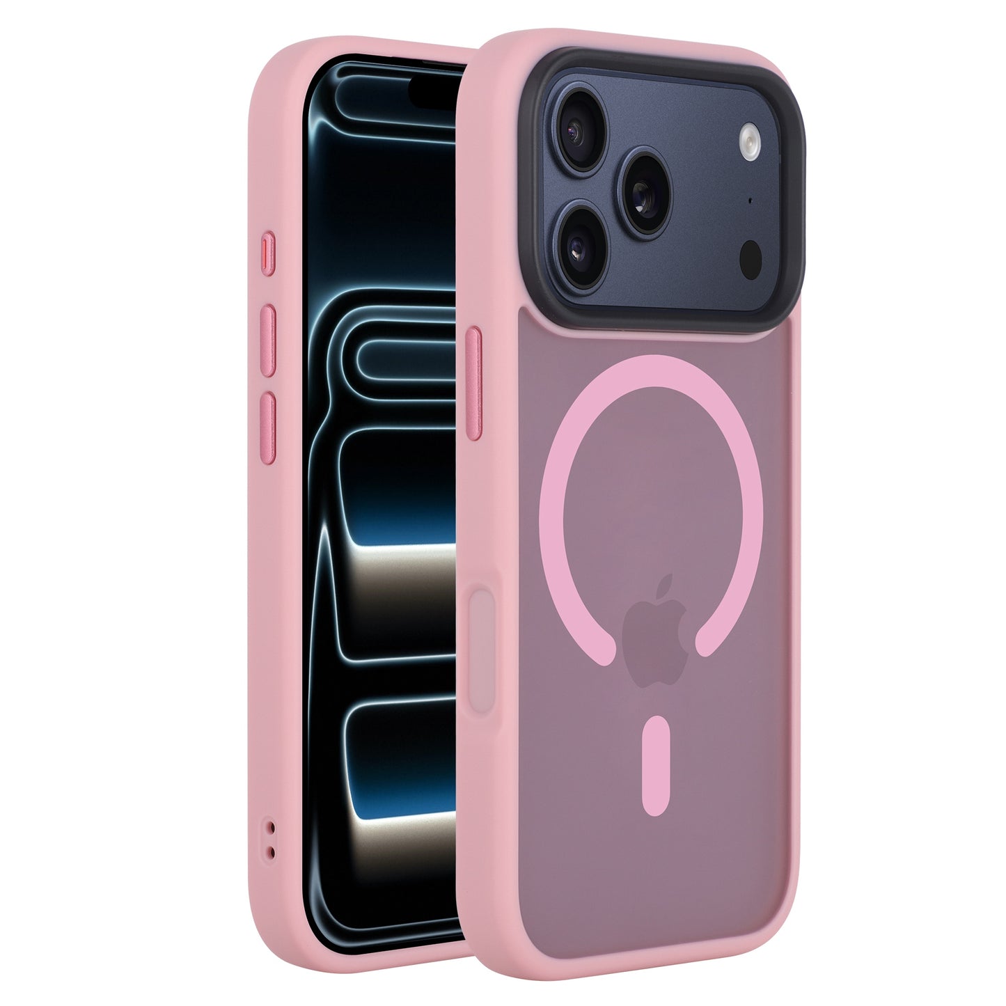 Gezeigt werden zwei rosa Arktis arktis iPhone 17 Pro Max Solid Case mit MagSafe - das eine zeigt das matte Gehäuse mit MagSafe-kompatibler Ring auf der Rückseite, das andere zeigt die Vorderseite und den Bildschirm.