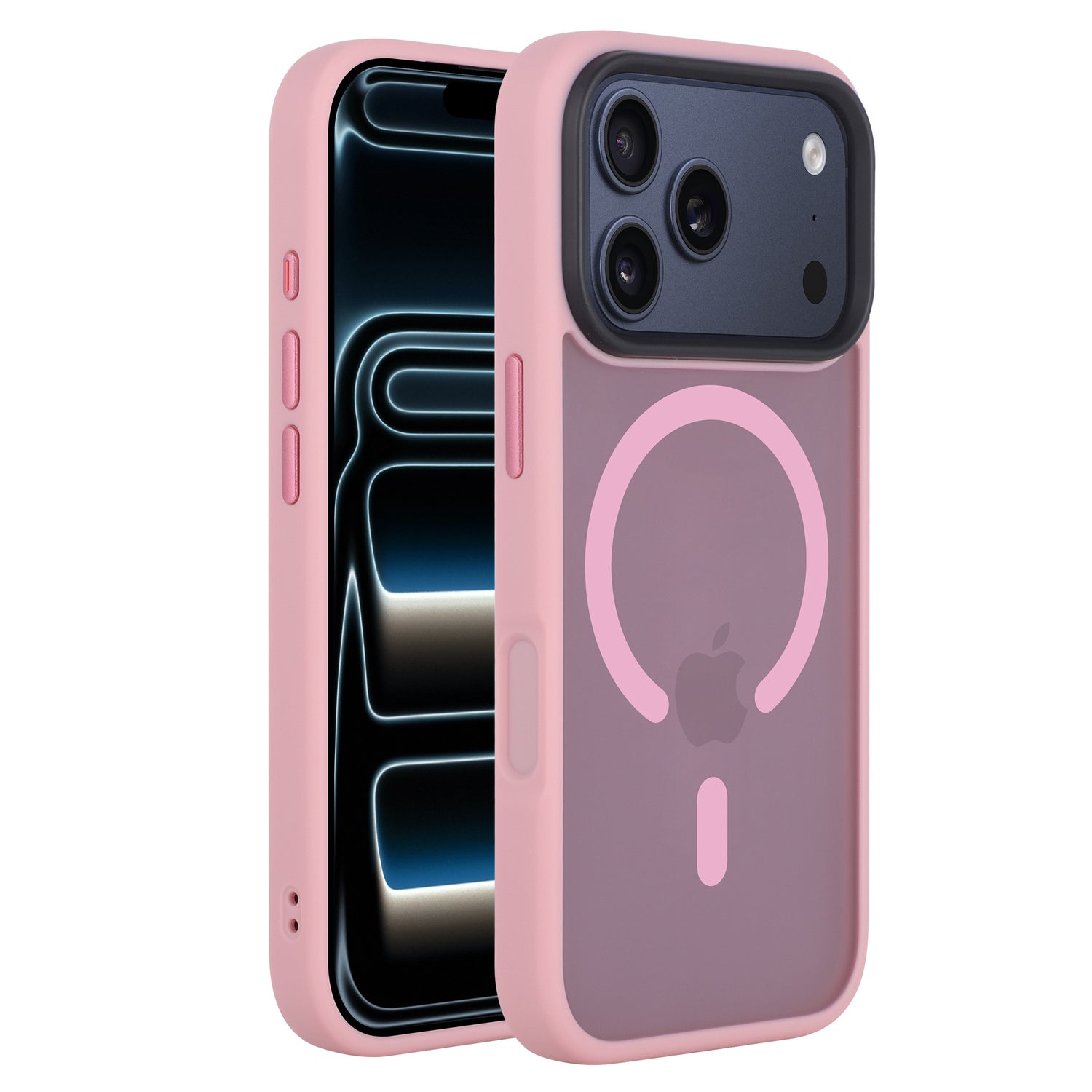 Gezeigt werden zwei rosa Arktis arktis iPhone 17 Pro Max Solid Case mit MagSafe - das eine zeigt das matte Gehäuse mit MagSafe-kompatibler Ring auf der Rückseite, das andere zeigt die Vorderseite und den Bildschirm.