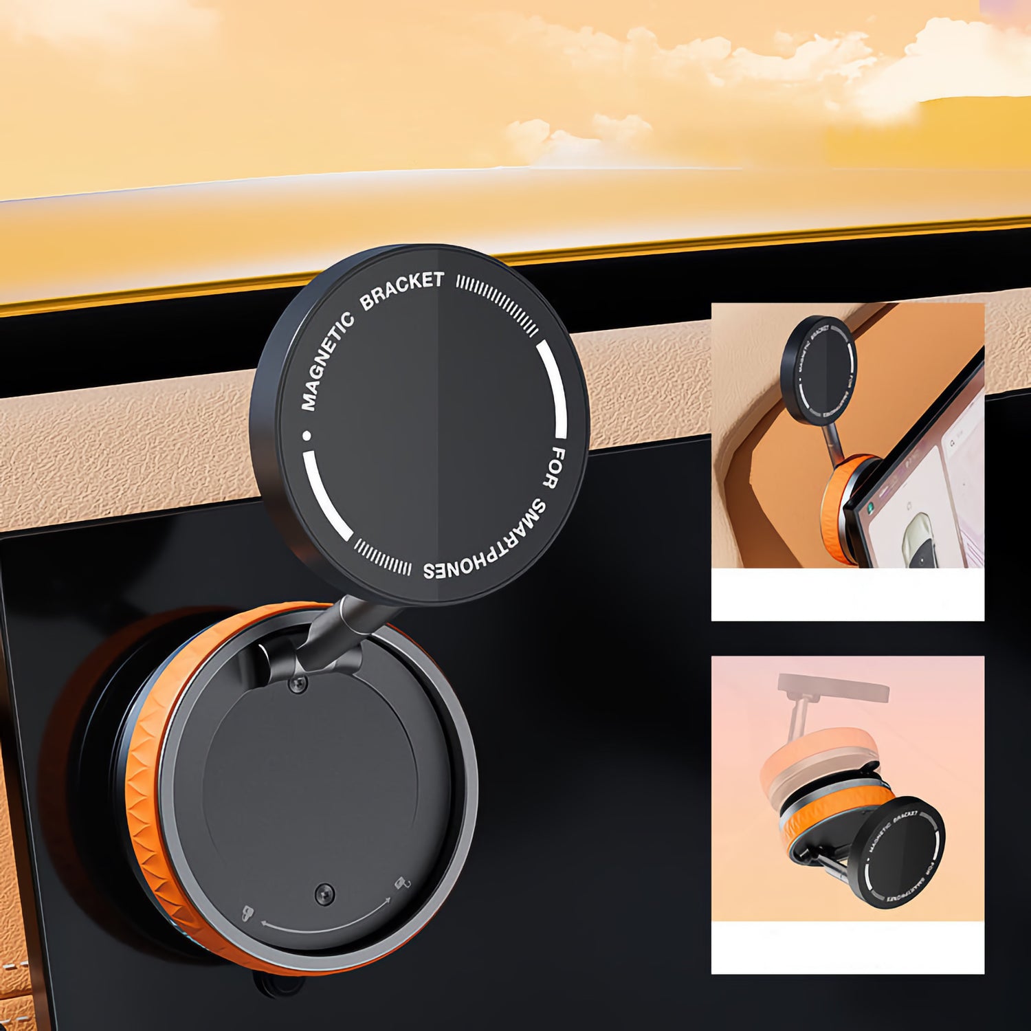 Arktis MagicDock iPhone MagSafe Halterung: Flexible magnetische Auto-Halterung der Marke arktis mit Gelenkarm, in drei Bildern aus unterschiedlichen Winkeln gezeigt.