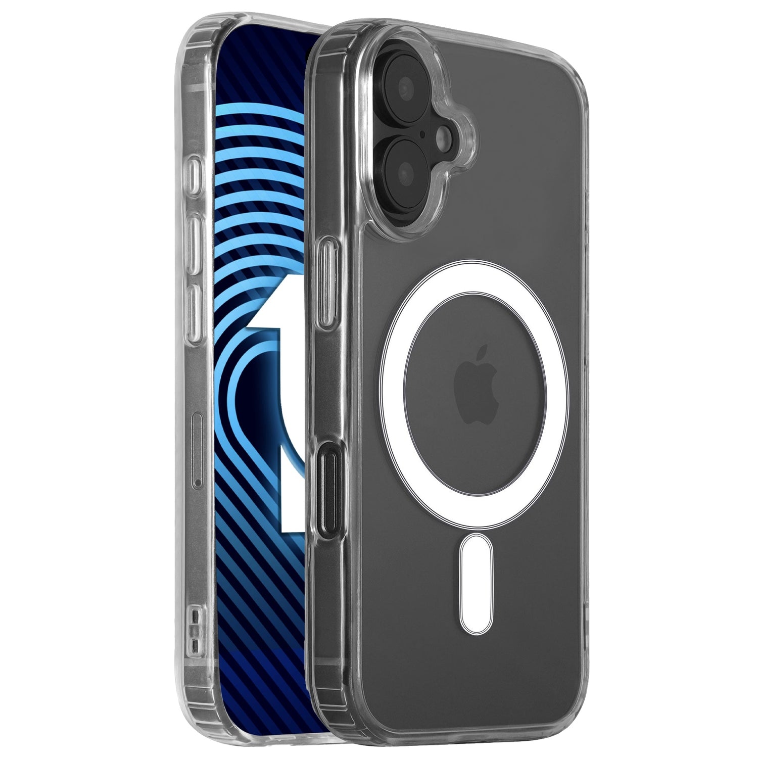 Zwei transparente arktis iPhone 16 Air Cases mit MagSafe für iPhones – eines zeigt die Rückseite mit MagSafe-Ring, das andere die Vorderseite. Beide sind stoßfest für zusätzlichen Schutz und halten Ihr Gerät stilvoll und sicher.