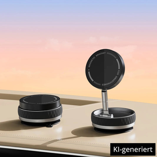 Zwei schwarze arktis MagicDock iPhone MagSafe Halterungen, eine aufrecht und eine geschlossen, liegen auf einem Autoarmaturenbrett mit einem Sonnenuntergangshimmel im Hintergrund. KI-generiert.