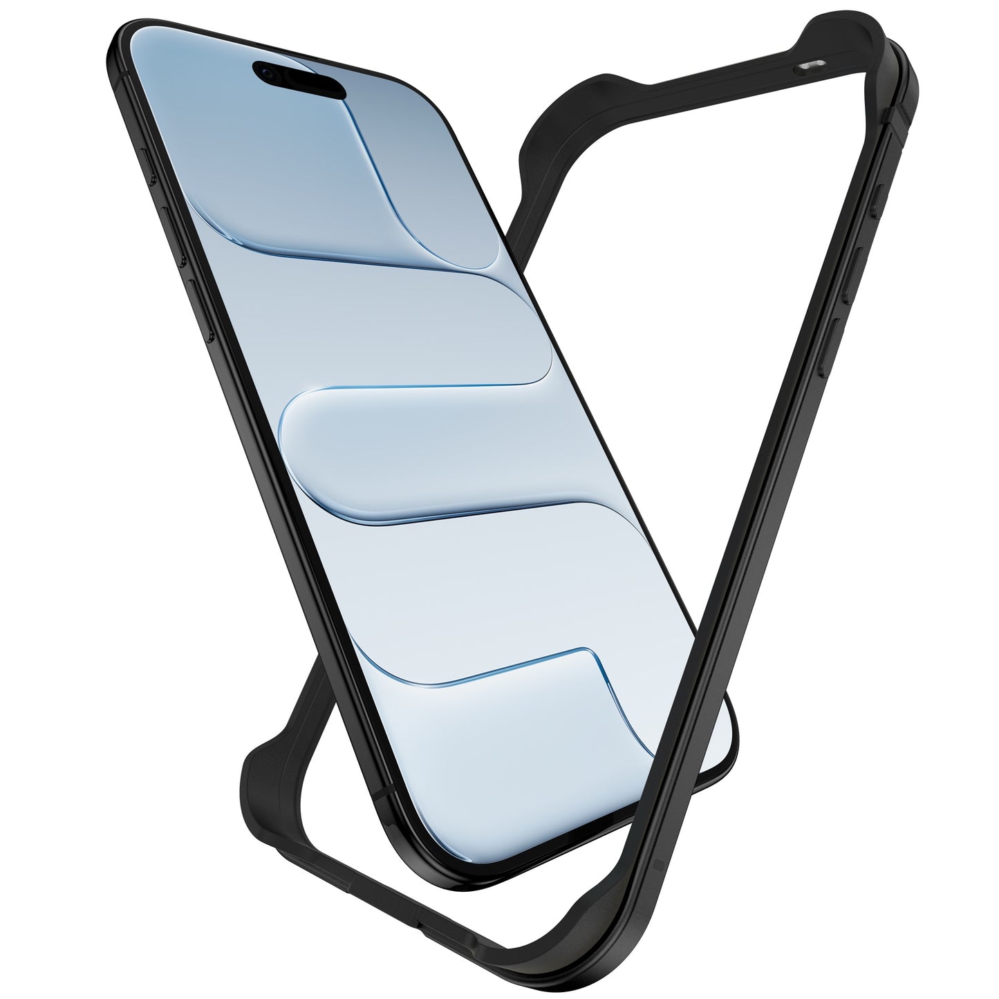 Der arktis iPhone Air Bumper von arktis, der ultraleichten Schutz bietet, präsentiert sich in einem eleganten schwarzen Aluminium-TPU-Case auf weißem Hintergrund.