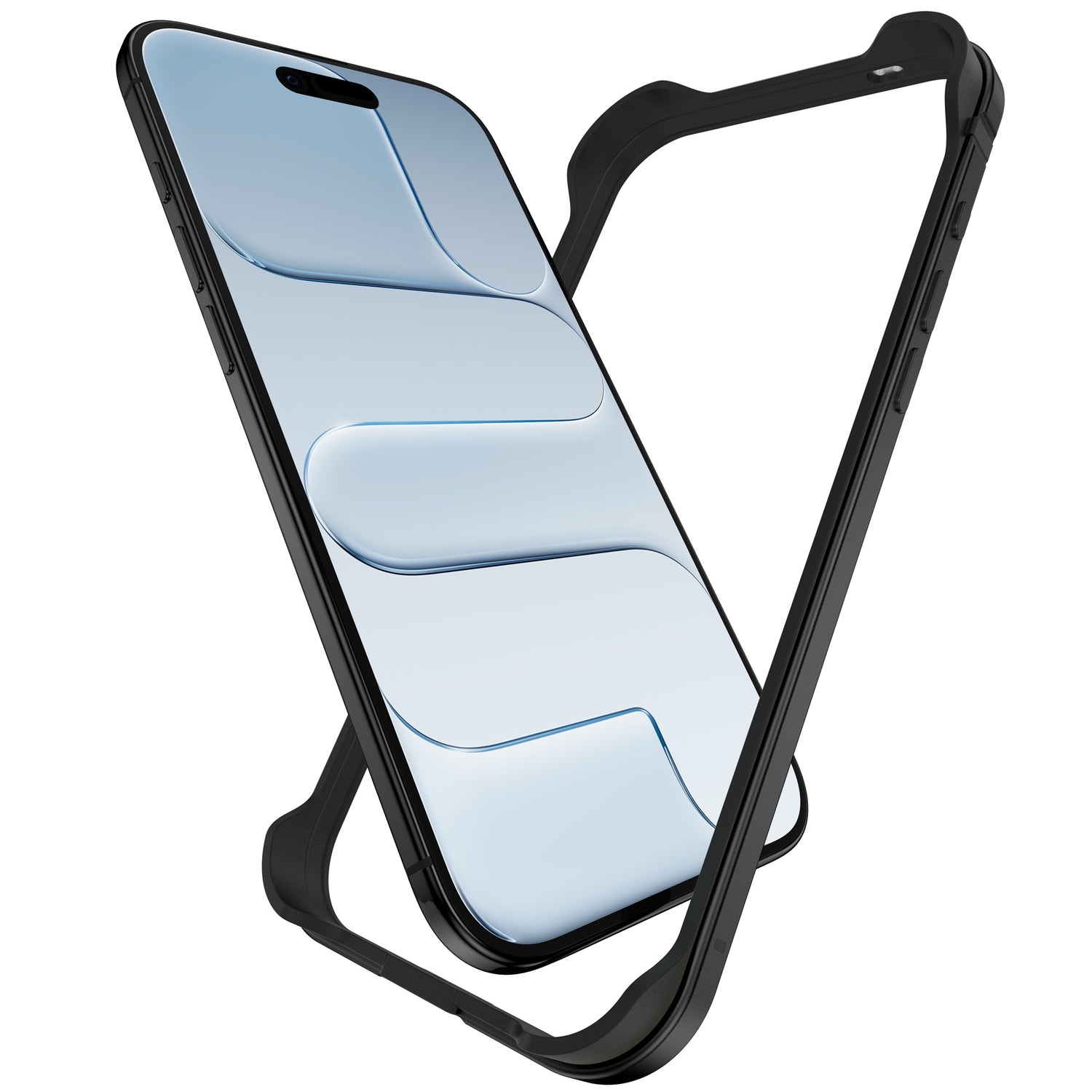 Der arktis iPhone Air Bumper von arktis, der ultraleichten Schutz bietet, präsentiert sich in einem eleganten schwarzen Aluminium-TPU-Case auf weißem Hintergrund.