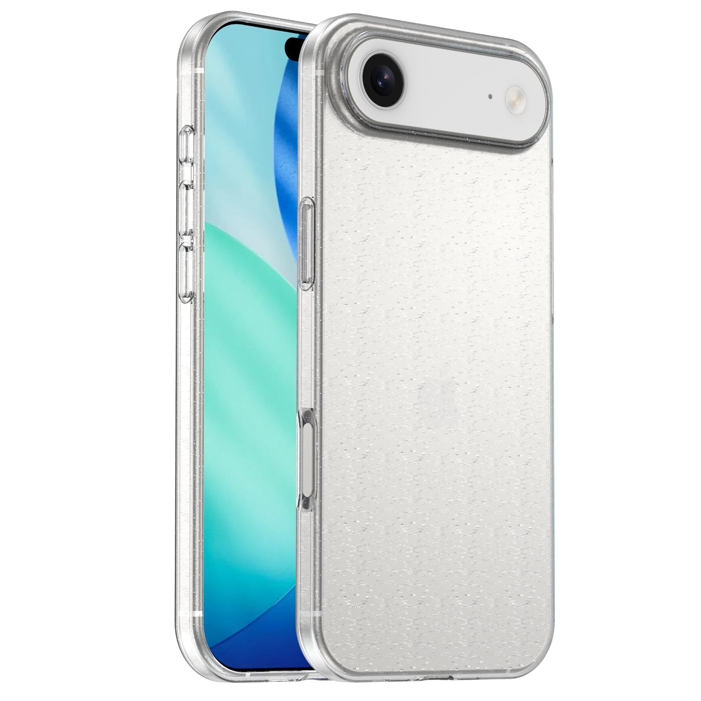 Das arktis iPhone 17 Air Glitter Case verleiht Ihrem Gerät Glanz und Schutz. Abgebildet auf einem iPhone 17 Air mit grünem und blauem abstraktem Hintergrundbild, wird diese strapazierfähige TPU-Silikonhülle von arktis von vorne und hinten gezeigt.