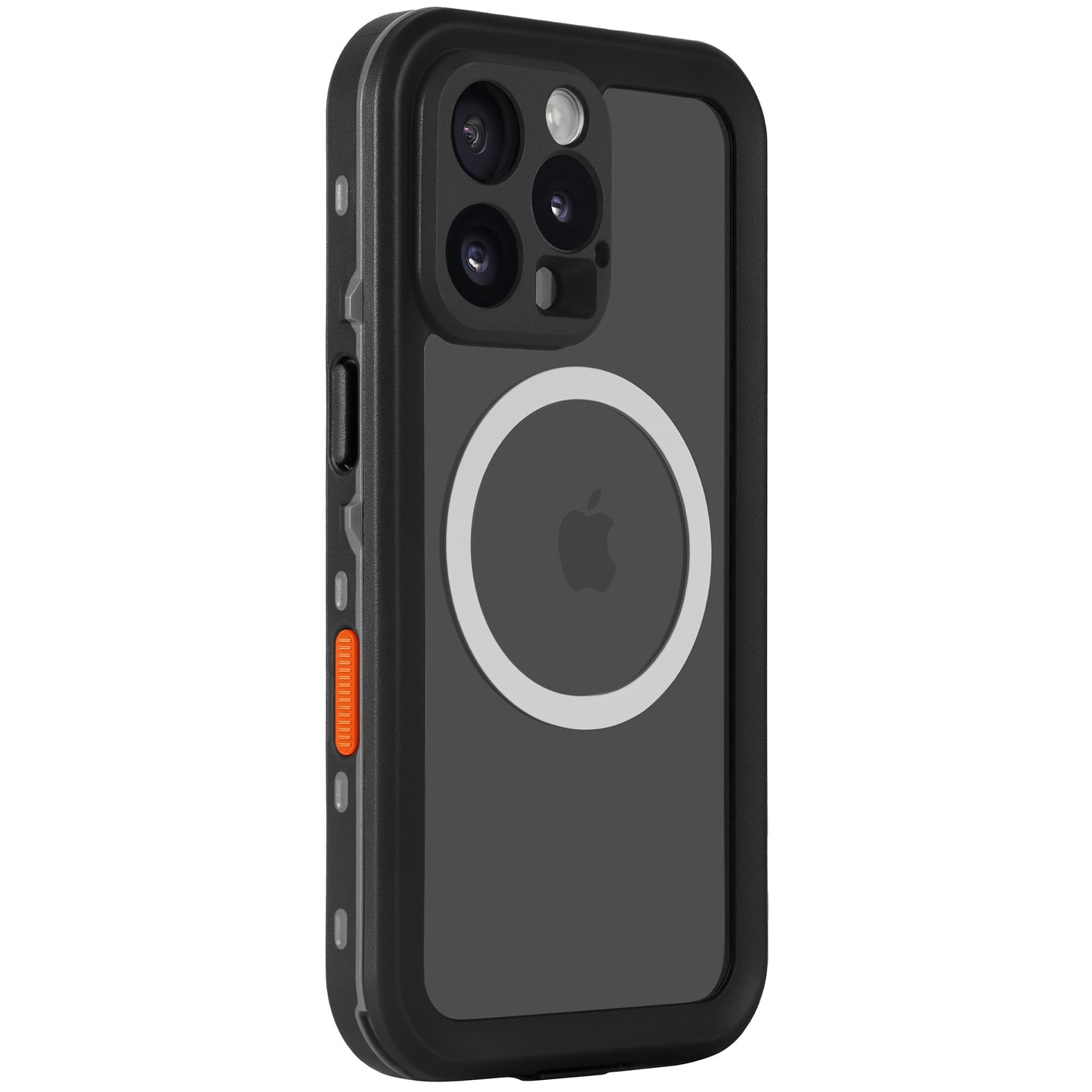 Das arktis iPhone 16 Pro Max Wasserdichtes Actioncase von arktis ist ein schwarzes, stoßfestes Case mit MagSafe-Ring, orangefarbenem Button und Triple-Kamera-Ausschnitt, das den IP68-Standard für Wasserdichtigkeit erfüllt.