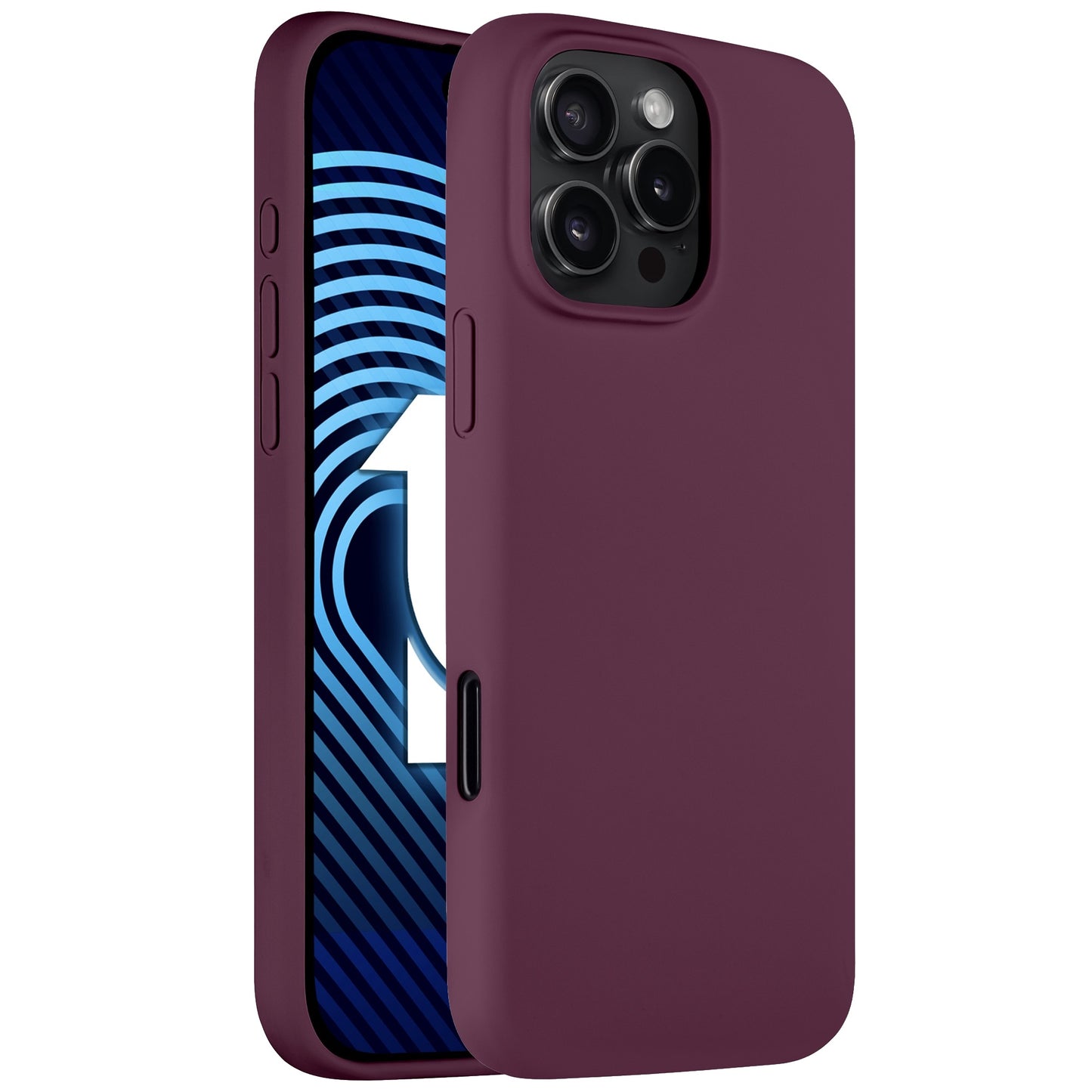 Das Arktis iPhone 16 Pro Silikon Case von Arktis ist in Dunkelviolett gehalten und zeigt die Vorderseite des Telefons mit abstrakten blauen und weißen Linien und einer „1“ auf dem Bildschirm, während die Mehrobjektivkamera das Design des iPhone 16 Pro hervorhebt.