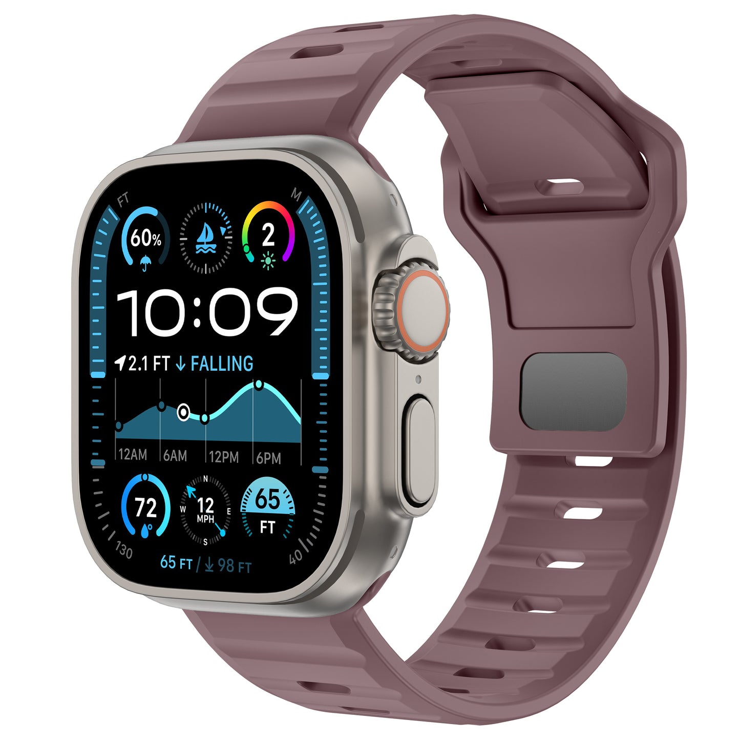 Das arktisband Apple Watch Silikonarmband „Active“ kombiniert ein rechteckiges Display, ein malvenfarbenes Silikonband, einen Farb-Touchscreen und einen sportlichen Look mit Seitentaste und digitaler Krone für stilvolles Gesundheits-, Fitness-, Wetter- und Aktivitäts-Tracking.